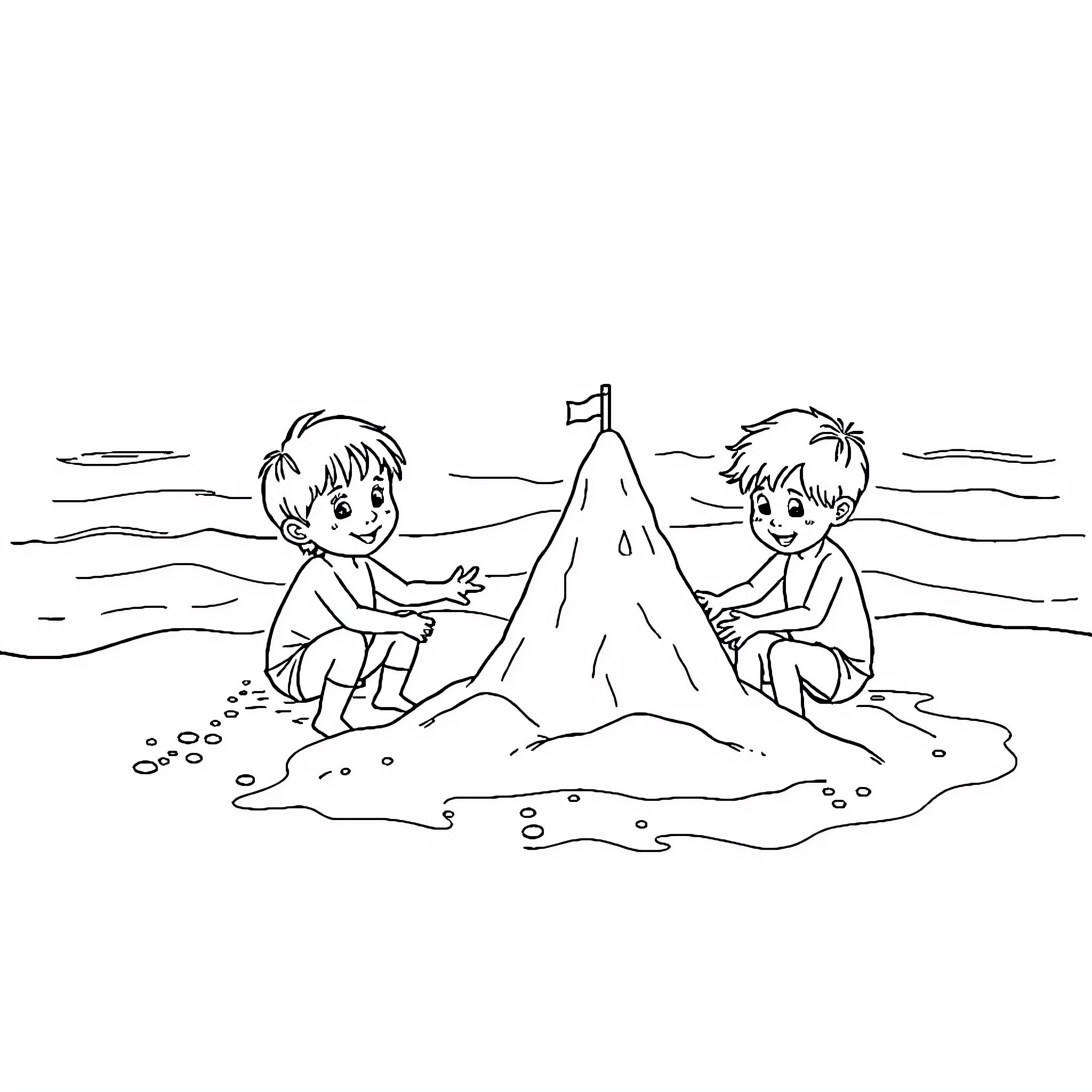 Kids Building a Sand Castle at the Beach Coloring Page (free black-and-white line drawing printable PDF for all, from beginners to advanced learners, including children, teens, adults, and seniors)