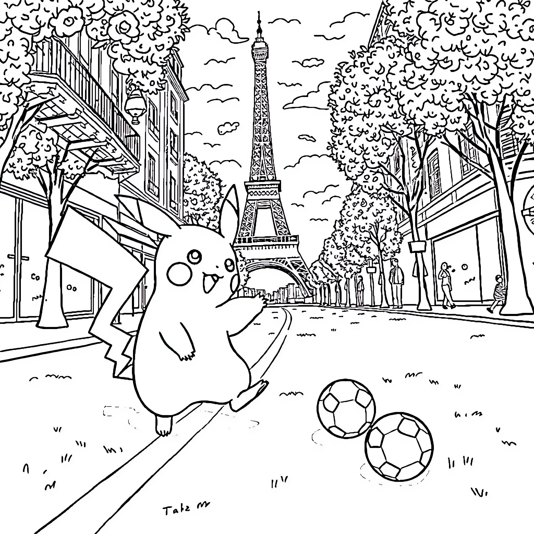 Pikachu enjoying a playful day in Paris Coloring Page (free black-and-white line drawing printable PDF for all, from beginners to advanced learners, including children, teens, adults, and seniors)