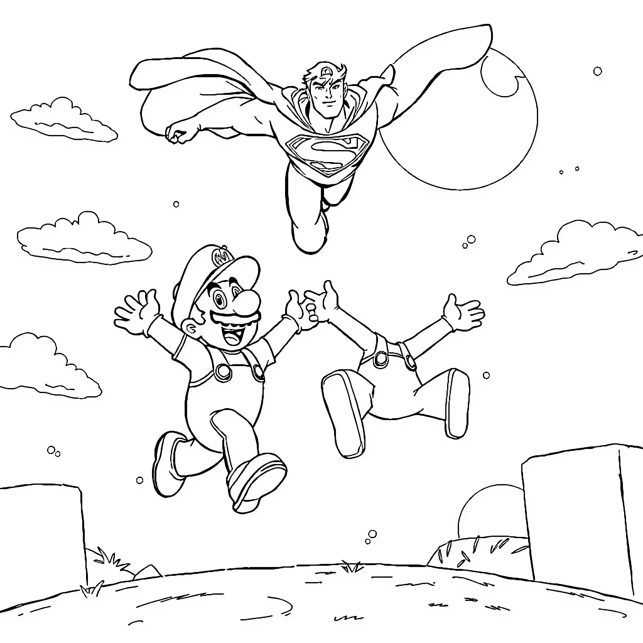Superman assisting a cheerful character in an outdoor scene Coloring Page (free black-and-white line drawing printable PDF for all, from beginners to advanced learners, including children, teens, adults, and seniors)