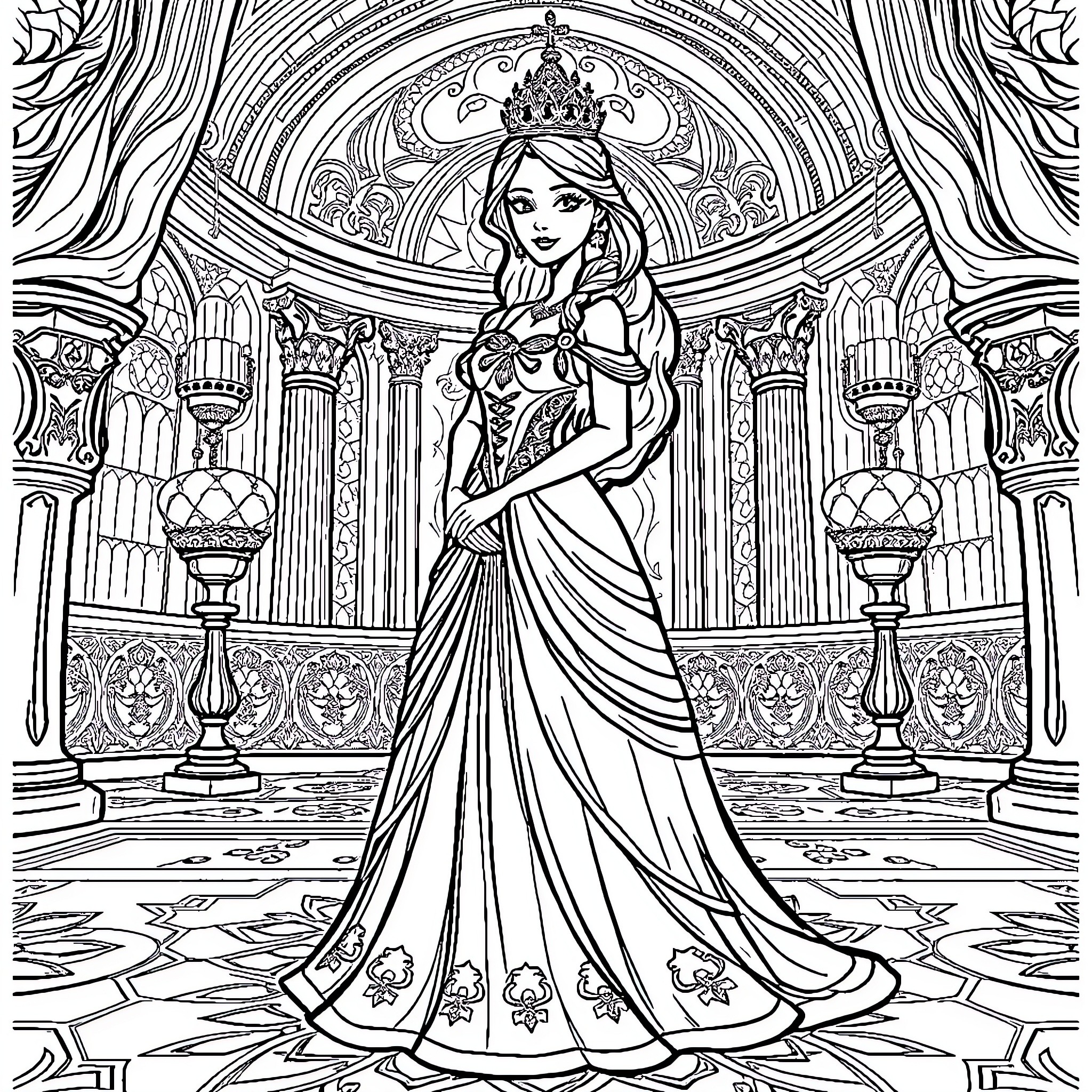 Princess in Elegant Ballroom Attire Coloring Page (free black-and-white line drawing printable PDF for all, from beginners to advanced learners, including children, teens, adults, and seniors)