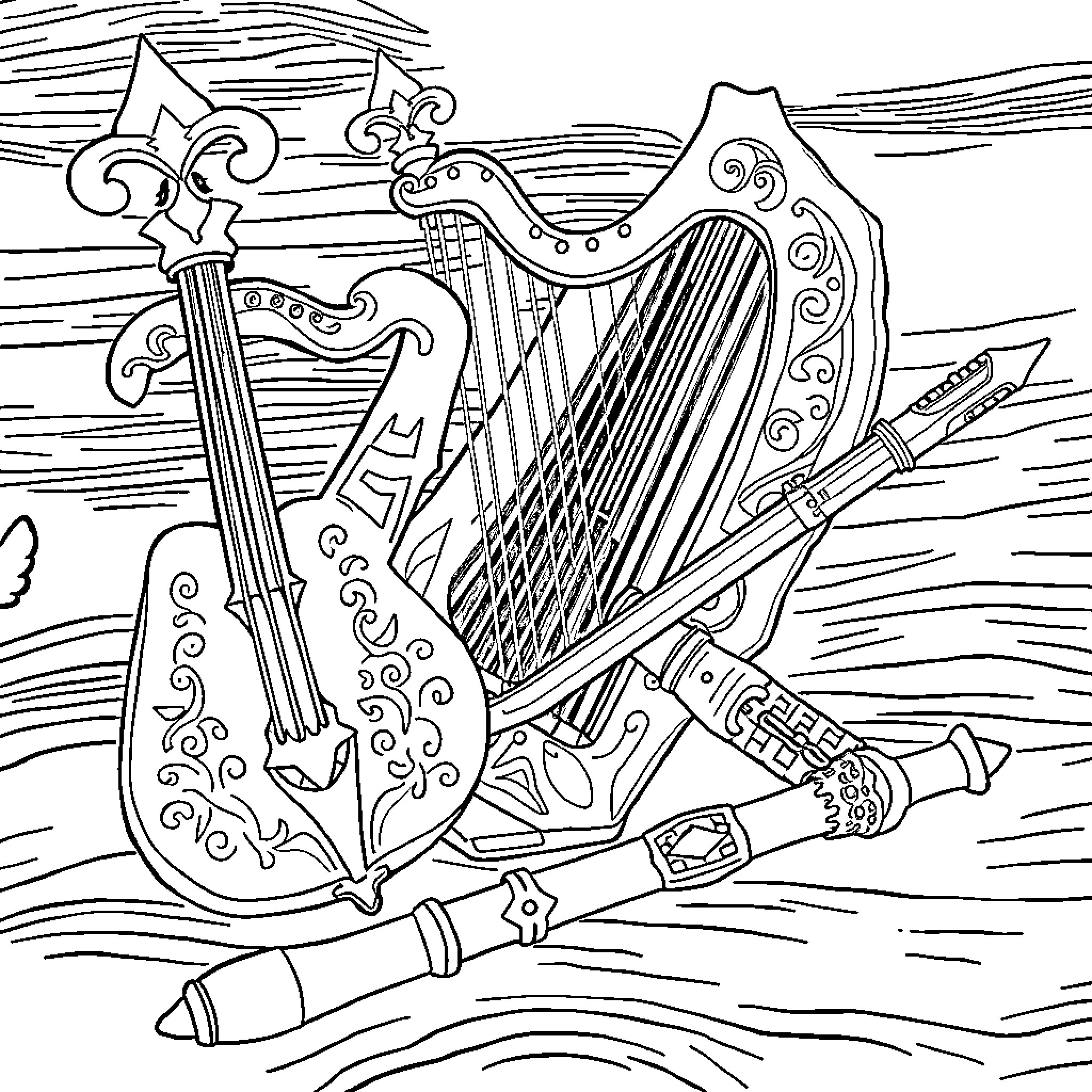 Zelda's Harp and Bow in a Magical Landscape Coloring Page (free black-and-white line drawing printable PDF for all, from beginners to advanced learners, including children, teens, adults, and seniors)