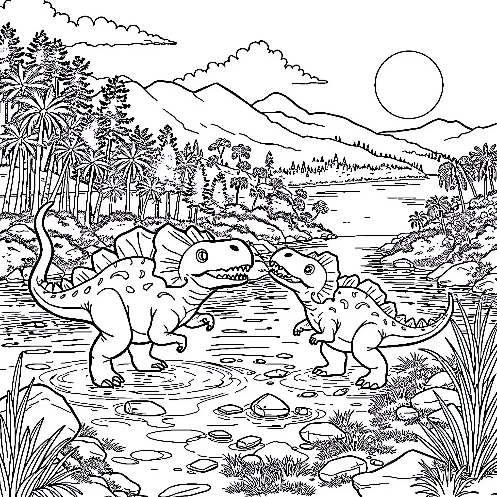 Triceratops enjoying a tranquil lake scene Coloring Page (free black-and-white line drawing printable PDF for all, from beginners to advanced learners, including children, teens, adults, and seniors)
