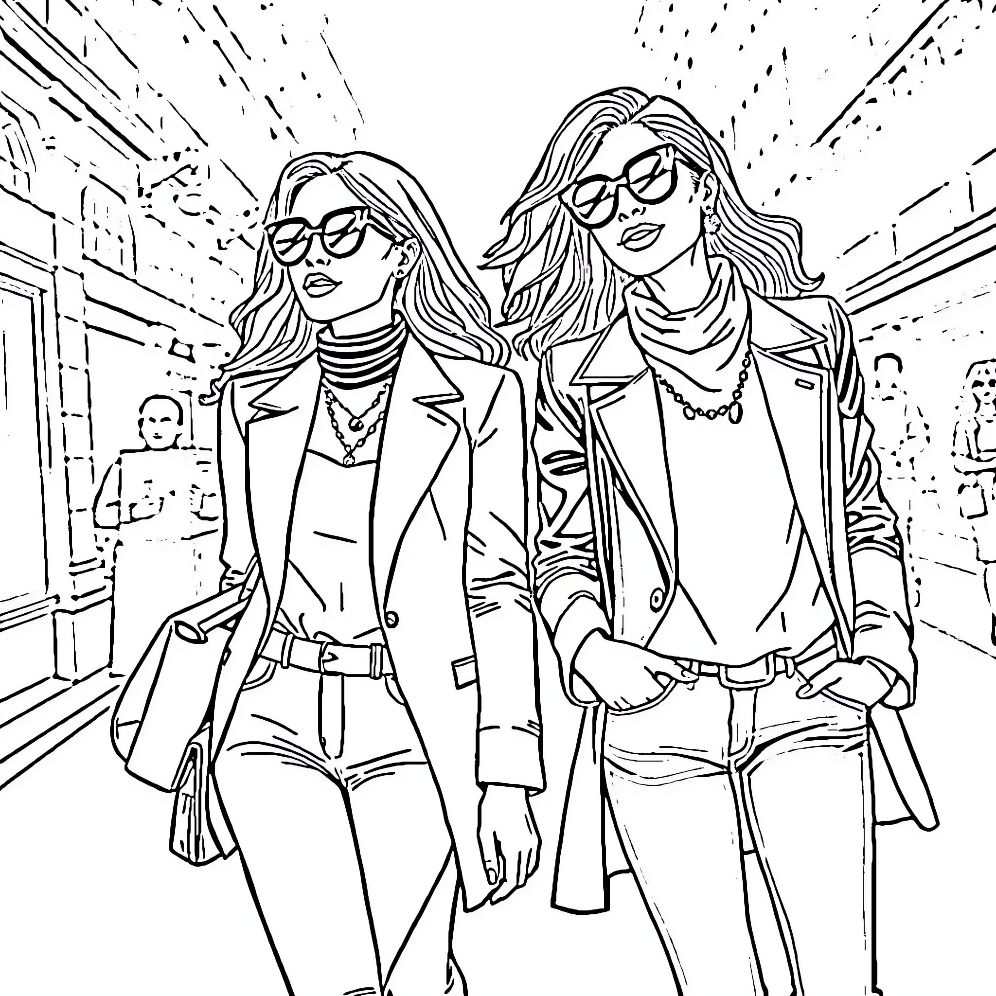 Women in stylish outfits on a city street Coloring Page (free black-and-white line drawing printable PDF for all, from beginners to advanced learners, including children, teens, adults, and seniors)