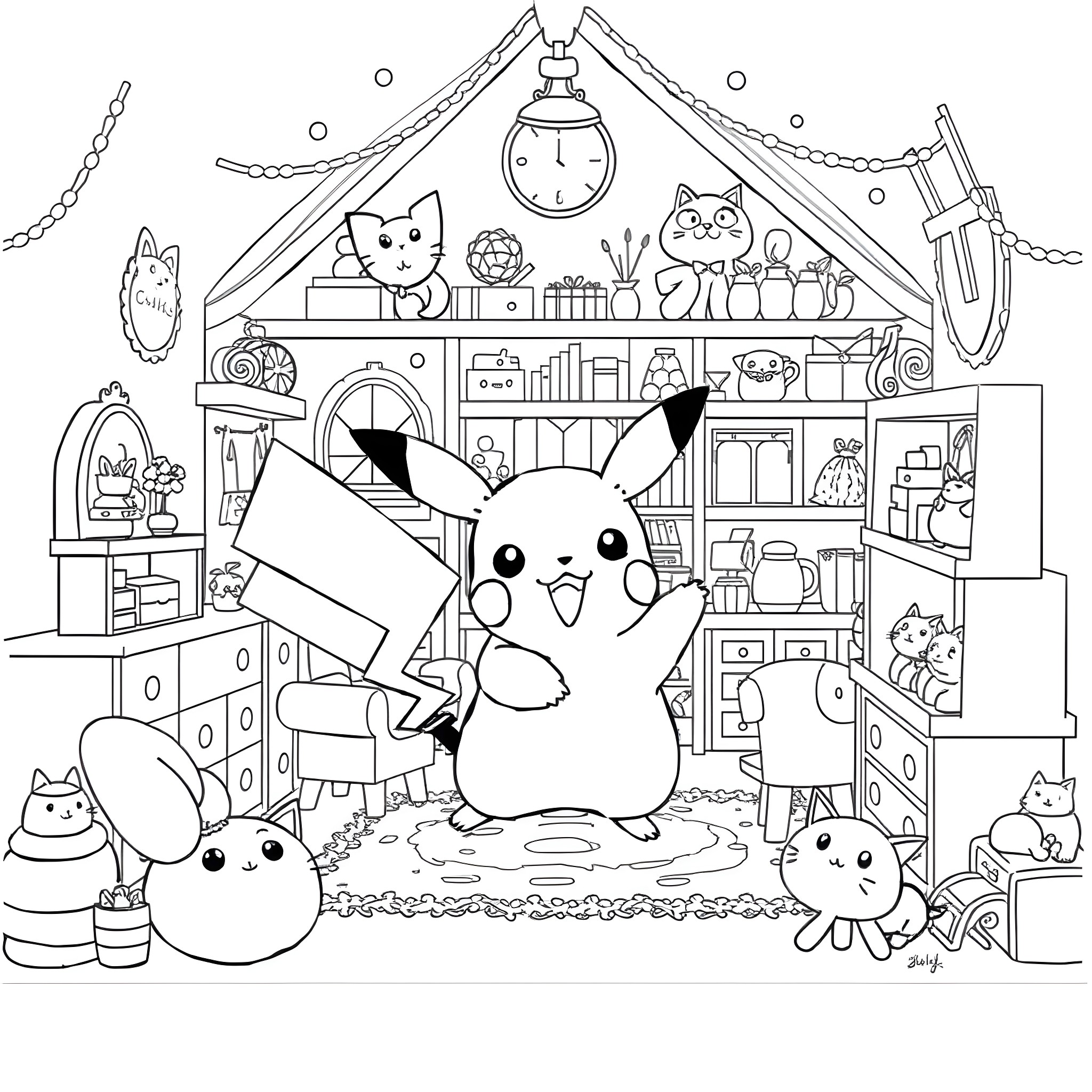 Pikachu's Cozy Hideaway Coloring Page (free black-and-white line drawing printable PDF for all, from beginners to advanced learners, including children, teens, adults, and seniors)