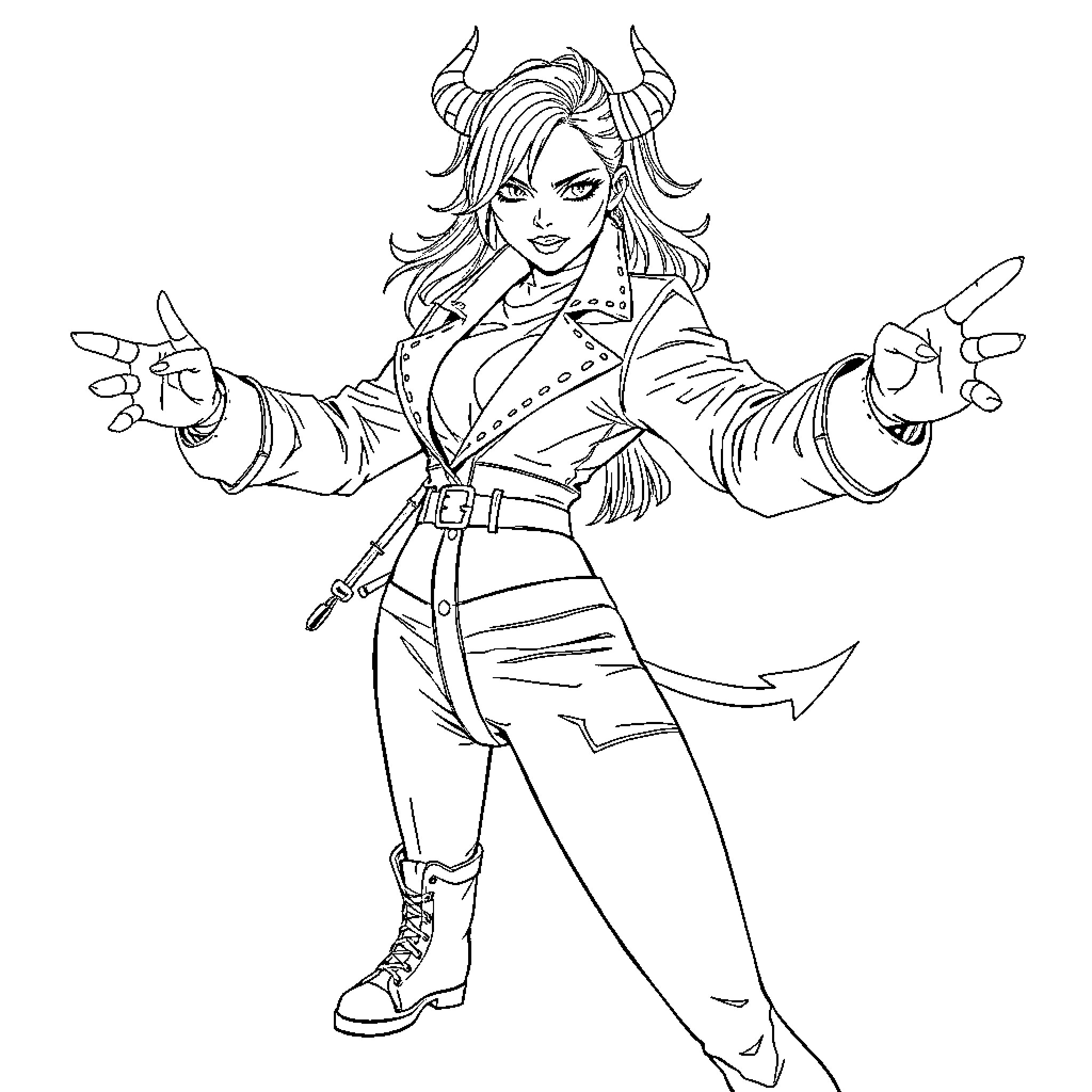 Rumi's Rebellious Pose and Edgy Outfit Coloring Page (free black-and-white line drawing printable PDF for all, from beginners to advanced learners, including children, teens, adults, and seniors)