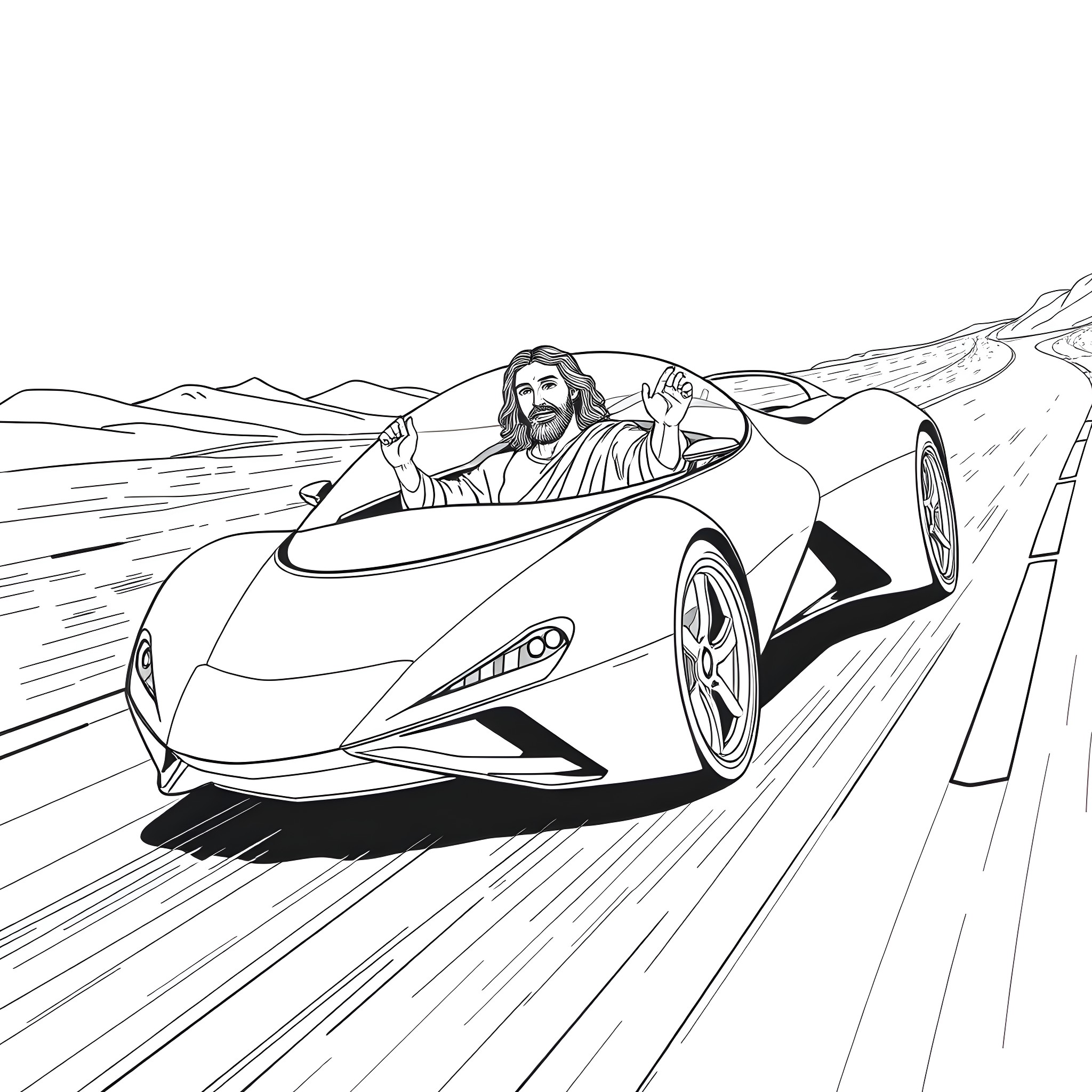 Car driven by a man on a winding road Coloring Page (free black-and-white line drawing printable PDF for all, from beginners to advanced learners, including children, teens, adults, and seniors)