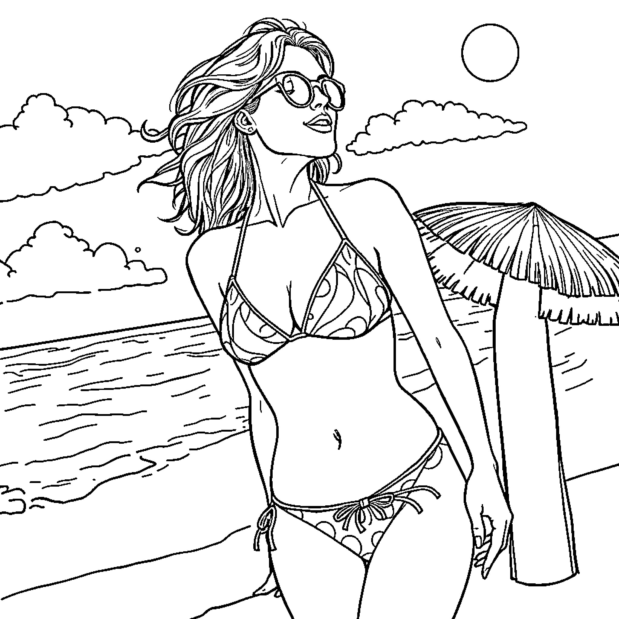 Lady relaxing on the beach in stylish swimwear Coloring Page (free black-and-white line drawing printable PDF for all, from beginners to advanced learners, including children, teens, adults, and seniors)