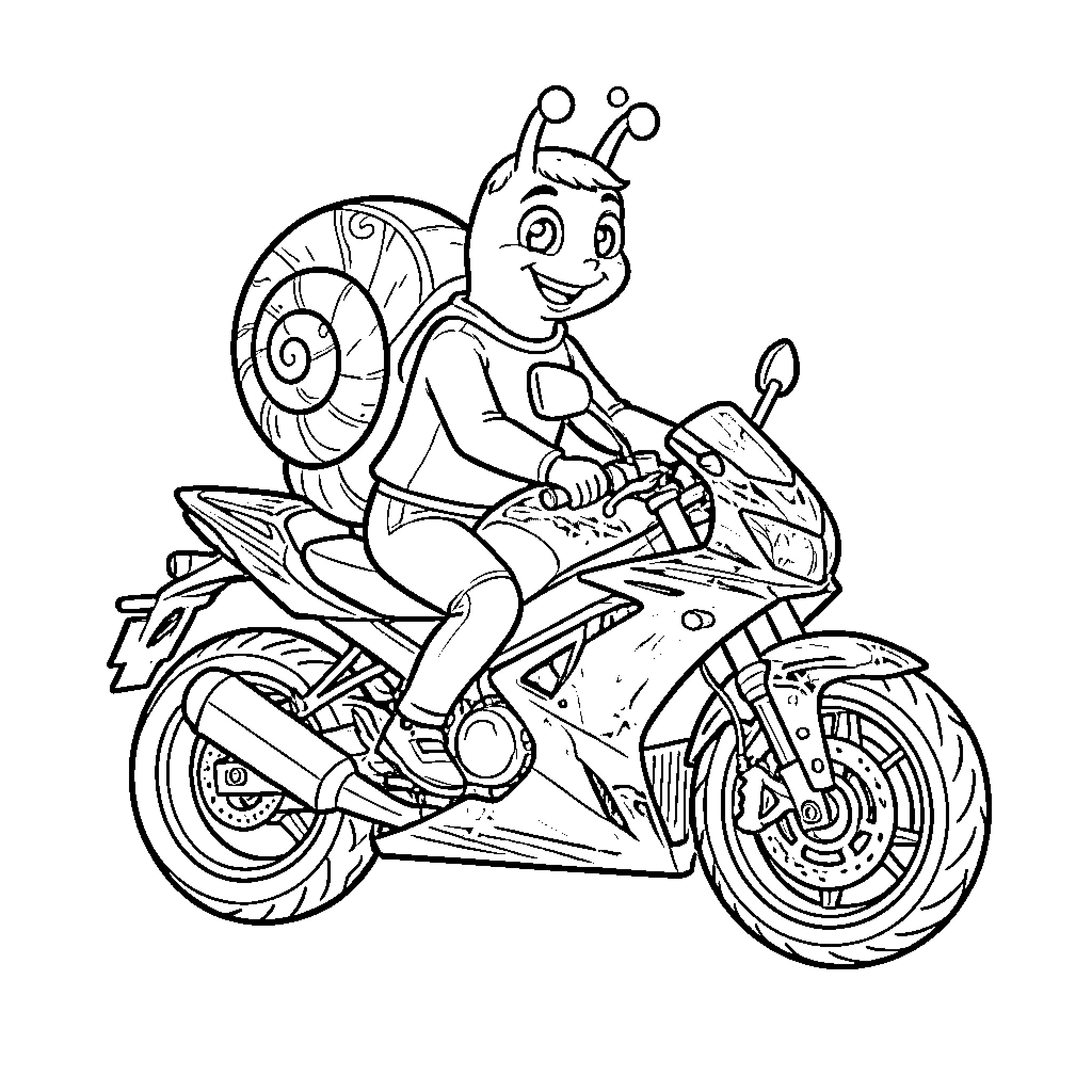 Snail riding a motorcycle with excitement Coloring Page (free black-and-white line drawing printable PDF for all, from beginners to advanced learners, including children, teens, adults, and seniors)