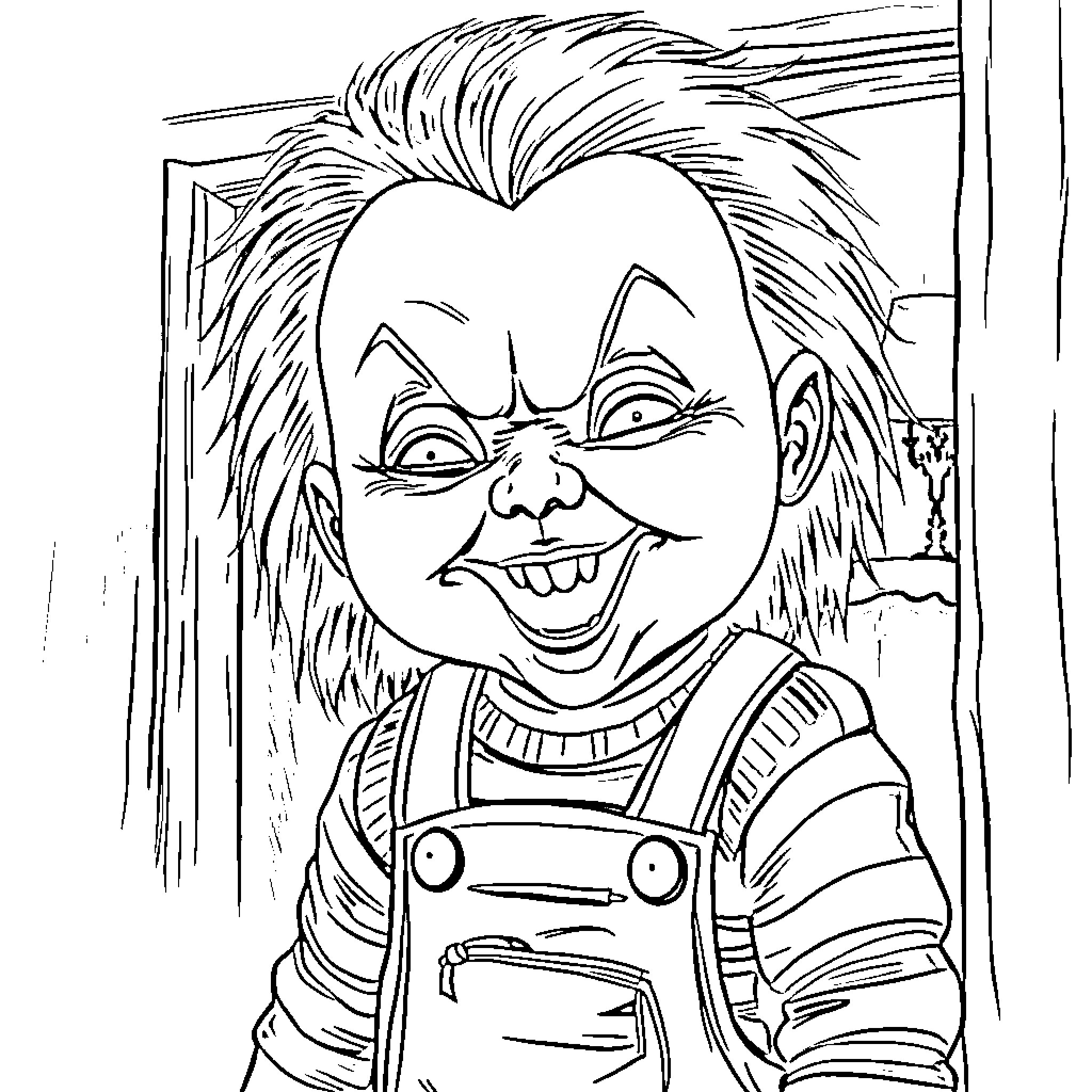 Chucky's Sinister Smile and Mischievous Overalls Coloring Page (free black-and-white line drawing printable PDF for all, from beginners to advanced learners, including children, teens, adults, and seniors)