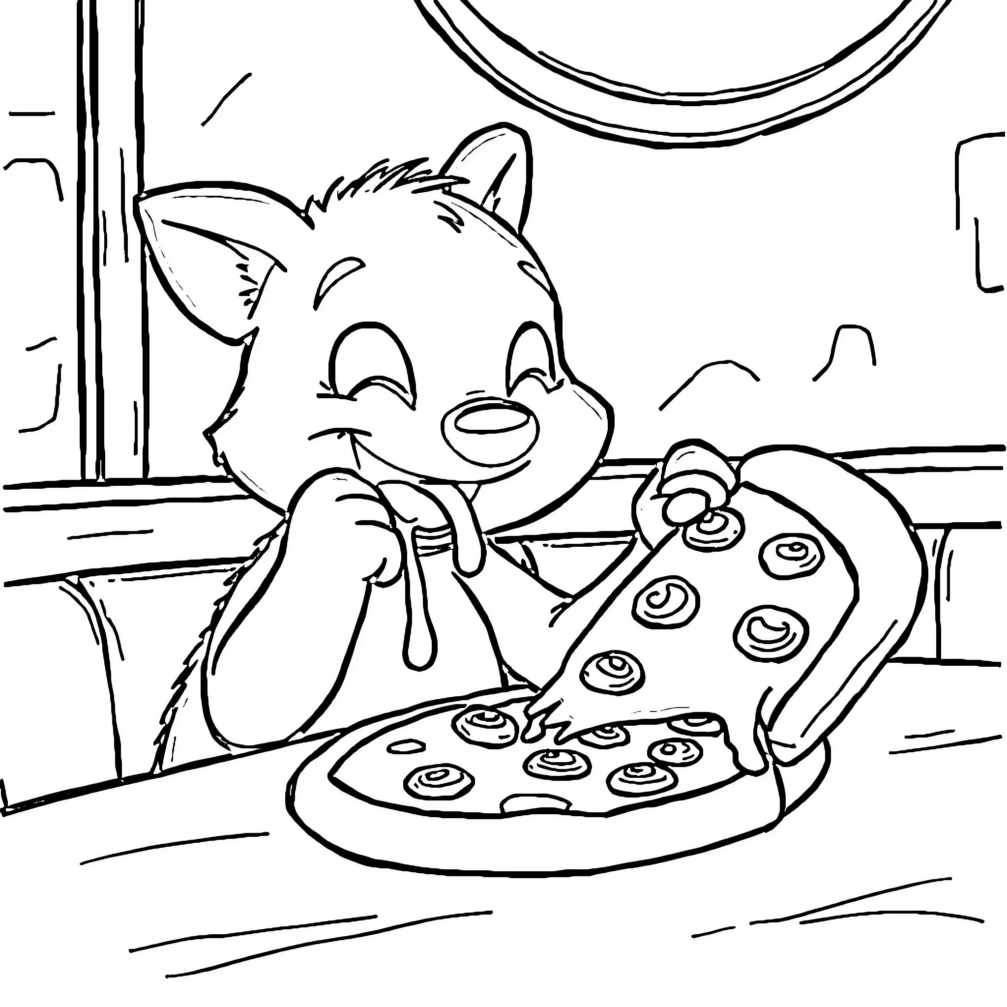 Bluey enjoying a homemade pizza Coloring Page (free black-and-white line drawing printable PDF for all, from beginners to advanced learners, including children, teens, adults, and seniors)