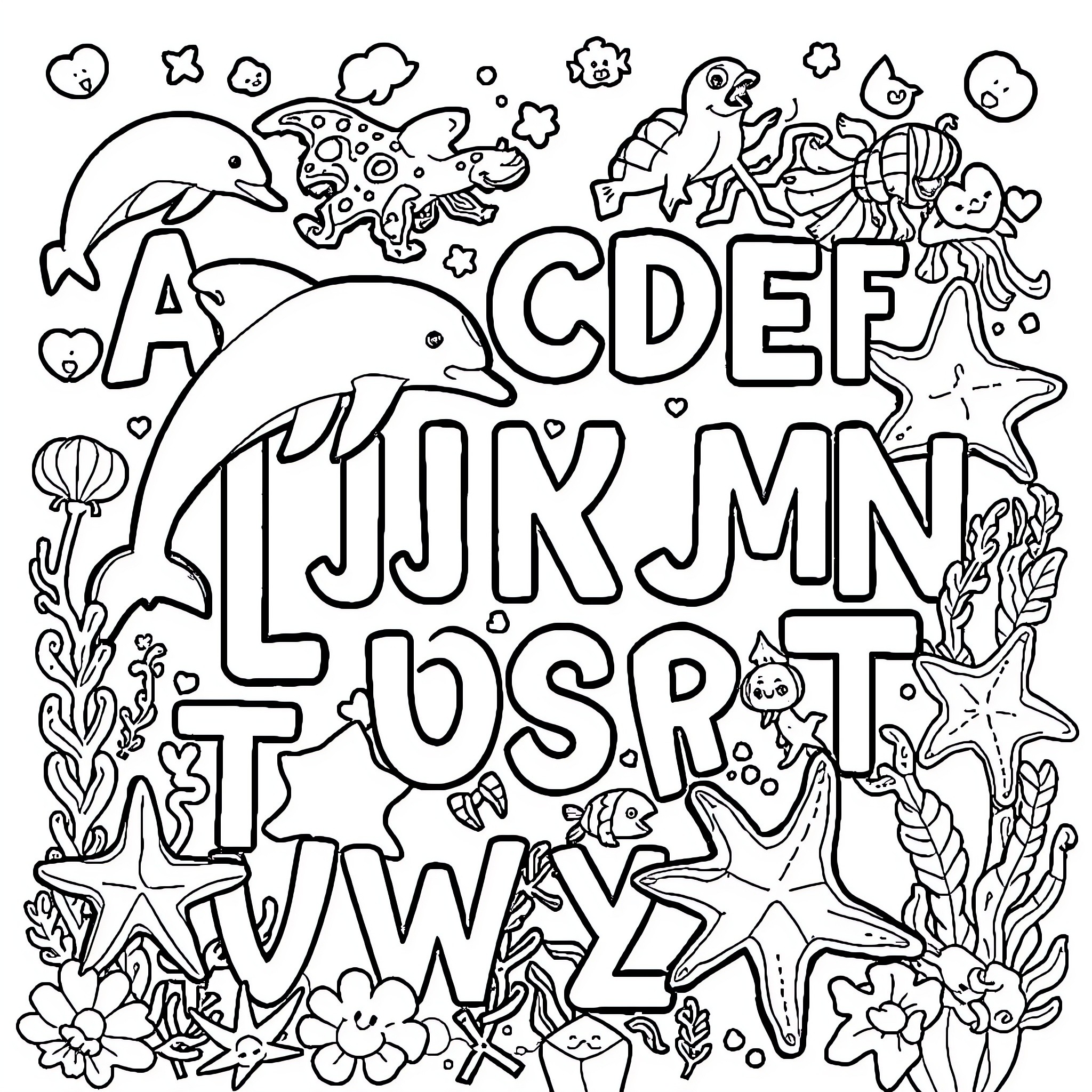 Ocean Creature Fun with Alphabet Coloring Page (free black-and-white line drawing printable PDF for all, from beginners to advanced learners, including children, teens, adults, and seniors)