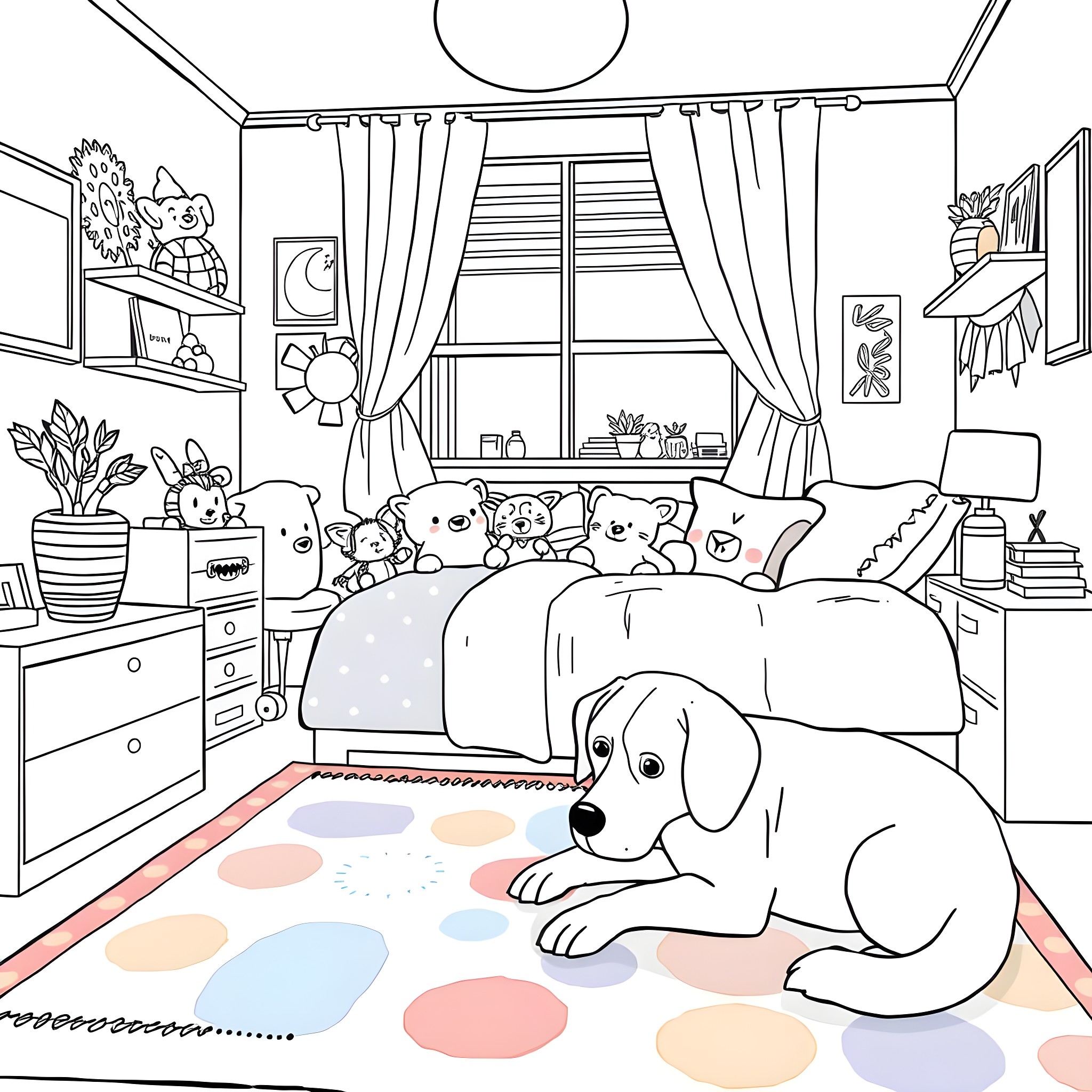 Stuffed Animal Companions in Cozy Bedroom Coloring Page (free black-and-white line drawing printable PDF for all, from beginners to advanced learners, including children, teens, adults, and seniors)