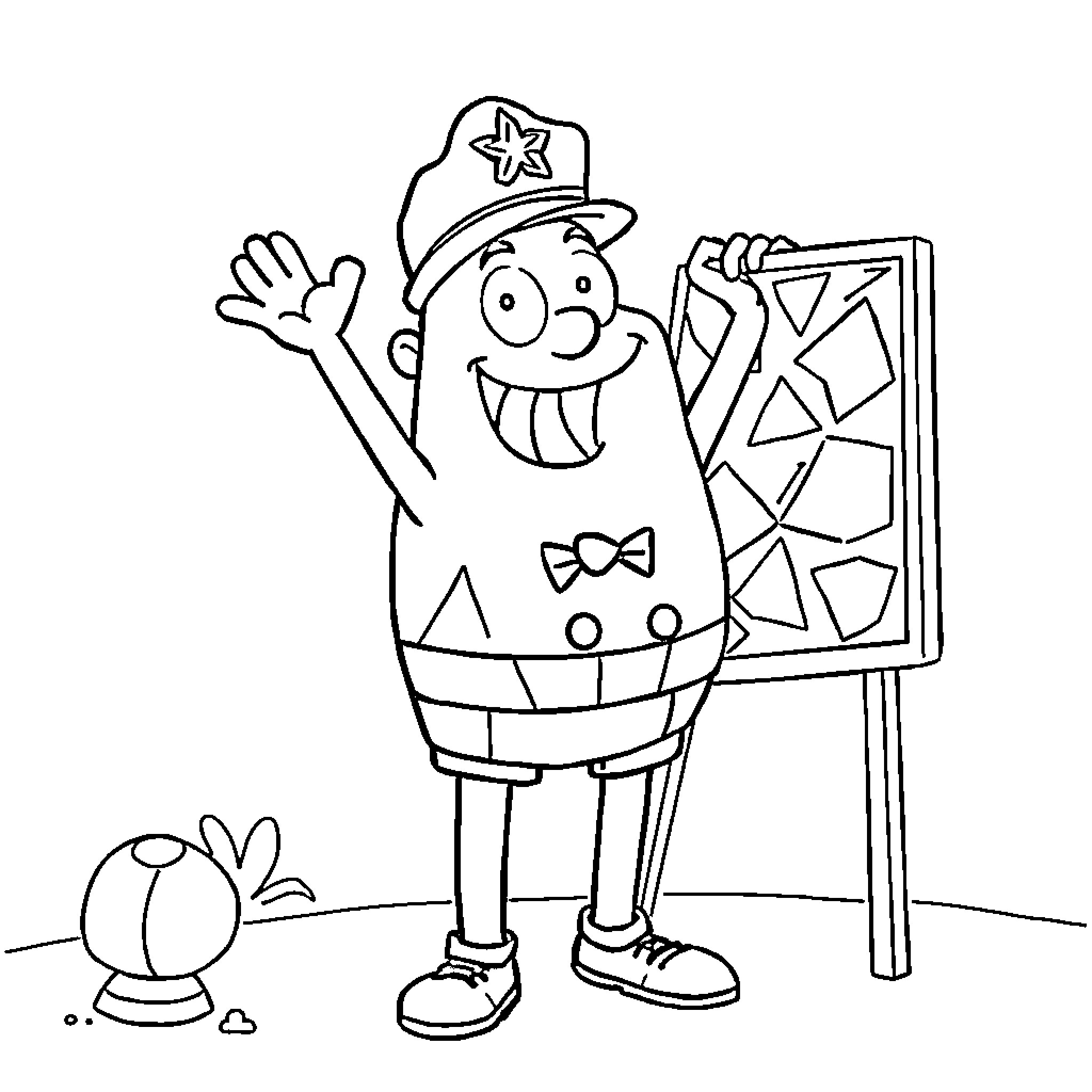 Captain Underpants Happily Waving with Chalkboard Coloring Page (free black-and-white line drawing printable PDF for all, from beginners to advanced learners, including children, teens, adults, and seniors)