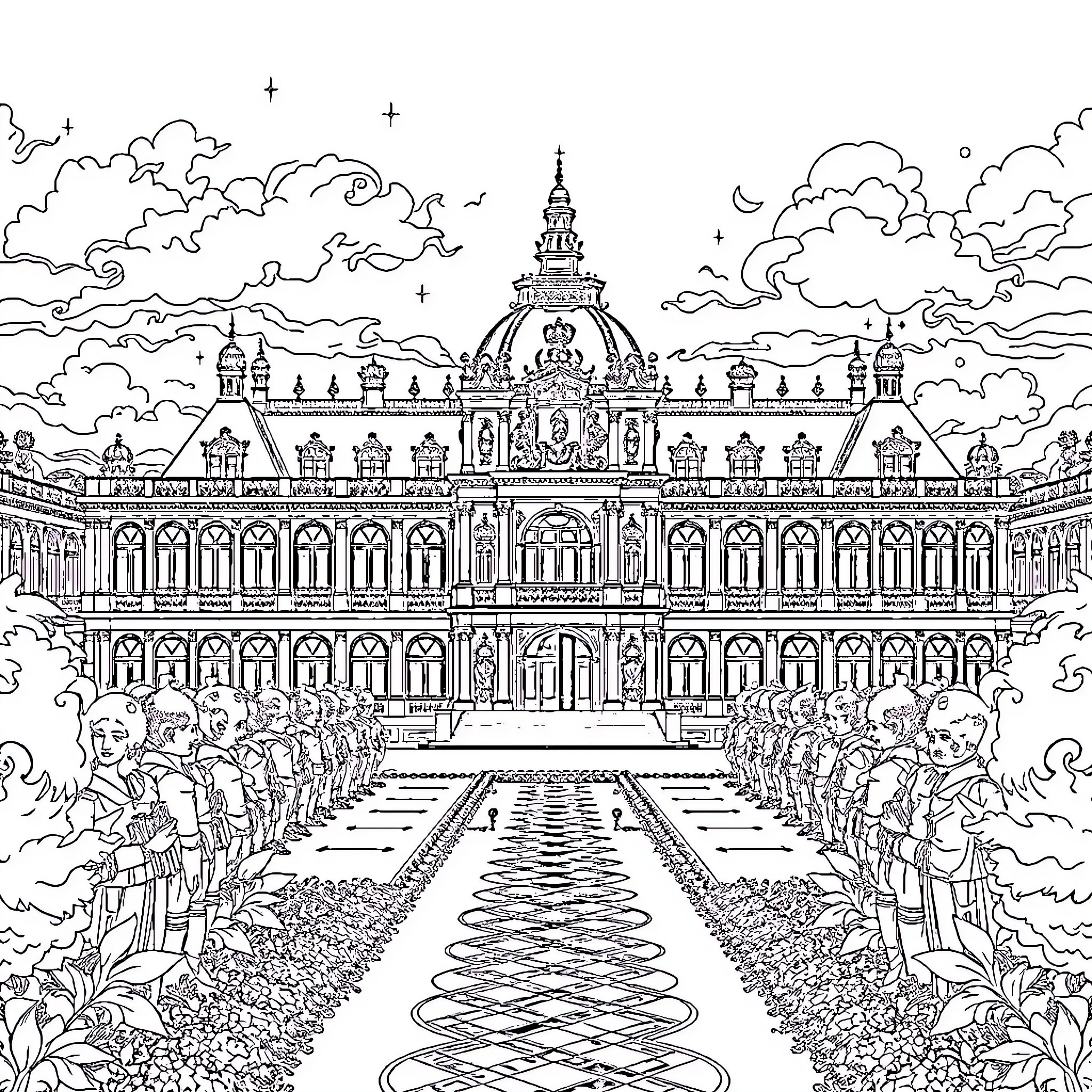 Château of an Elegant Palace in the Sky Coloring Page (free black-and-white line drawing printable PDF for all, from beginners to advanced learners, including children, teens, adults, and seniors)