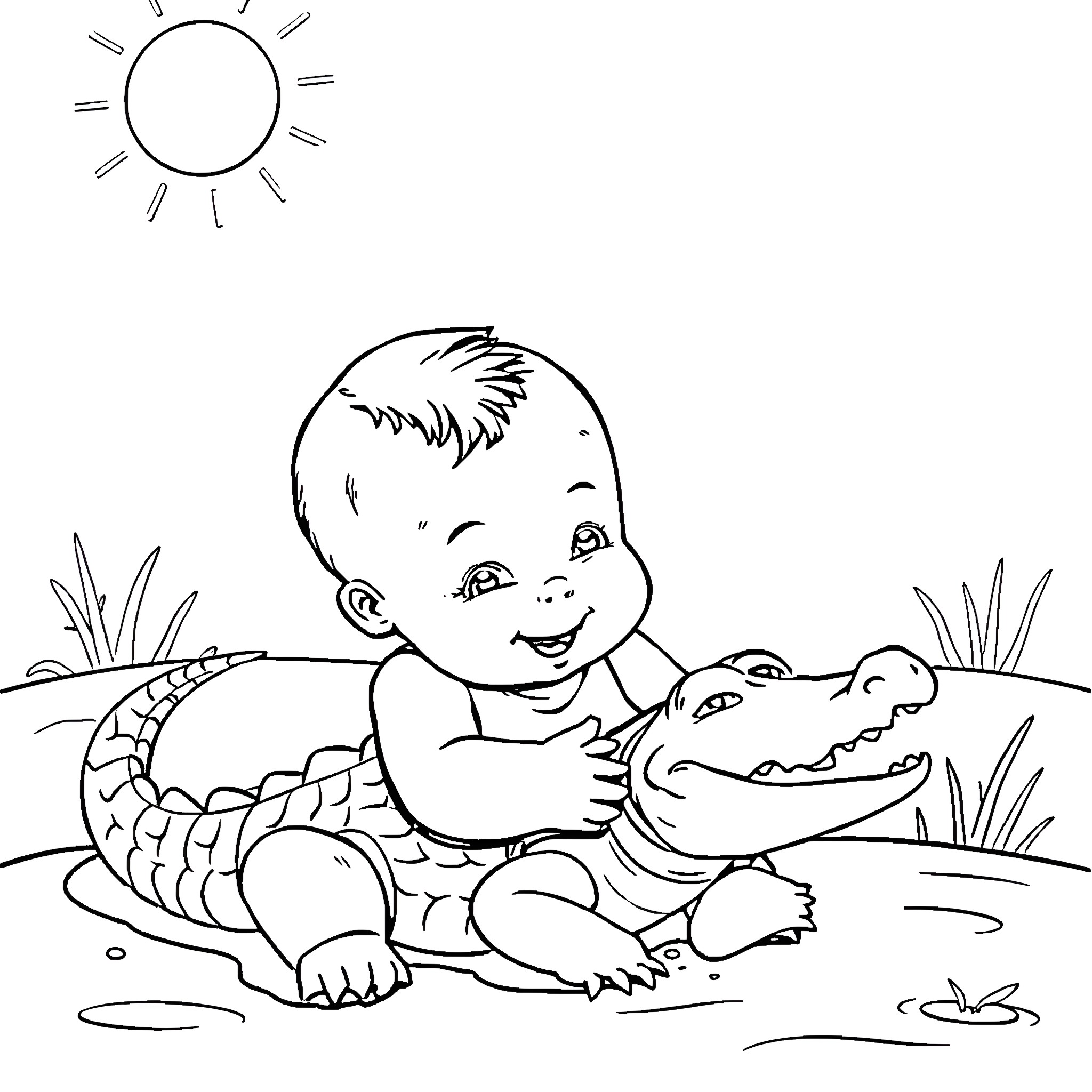 Baby playing happily with alligator in the pond Coloring Page (free black-and-white line drawing printable PDF for all, from beginners to advanced learners, including children, teens, adults, and seniors)