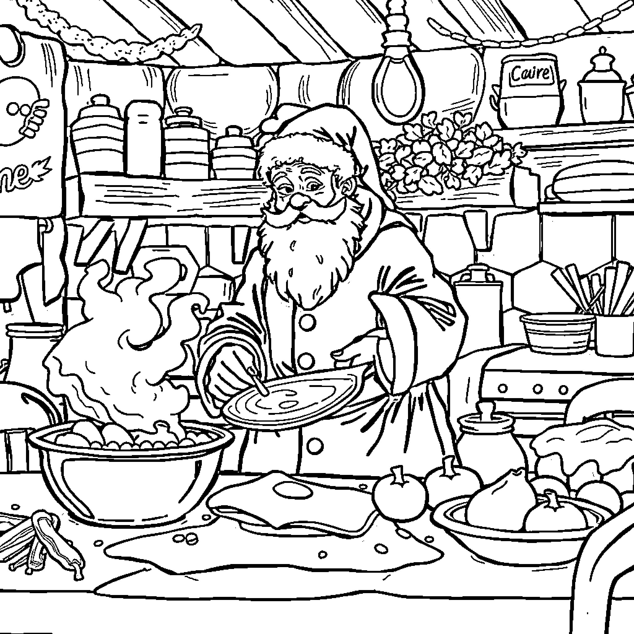 Père Noël cooking in a cozy kitchen Coloring Page (free black-and-white line drawing printable PDF for all, from beginners to advanced learners, including children, teens, adults, and seniors)