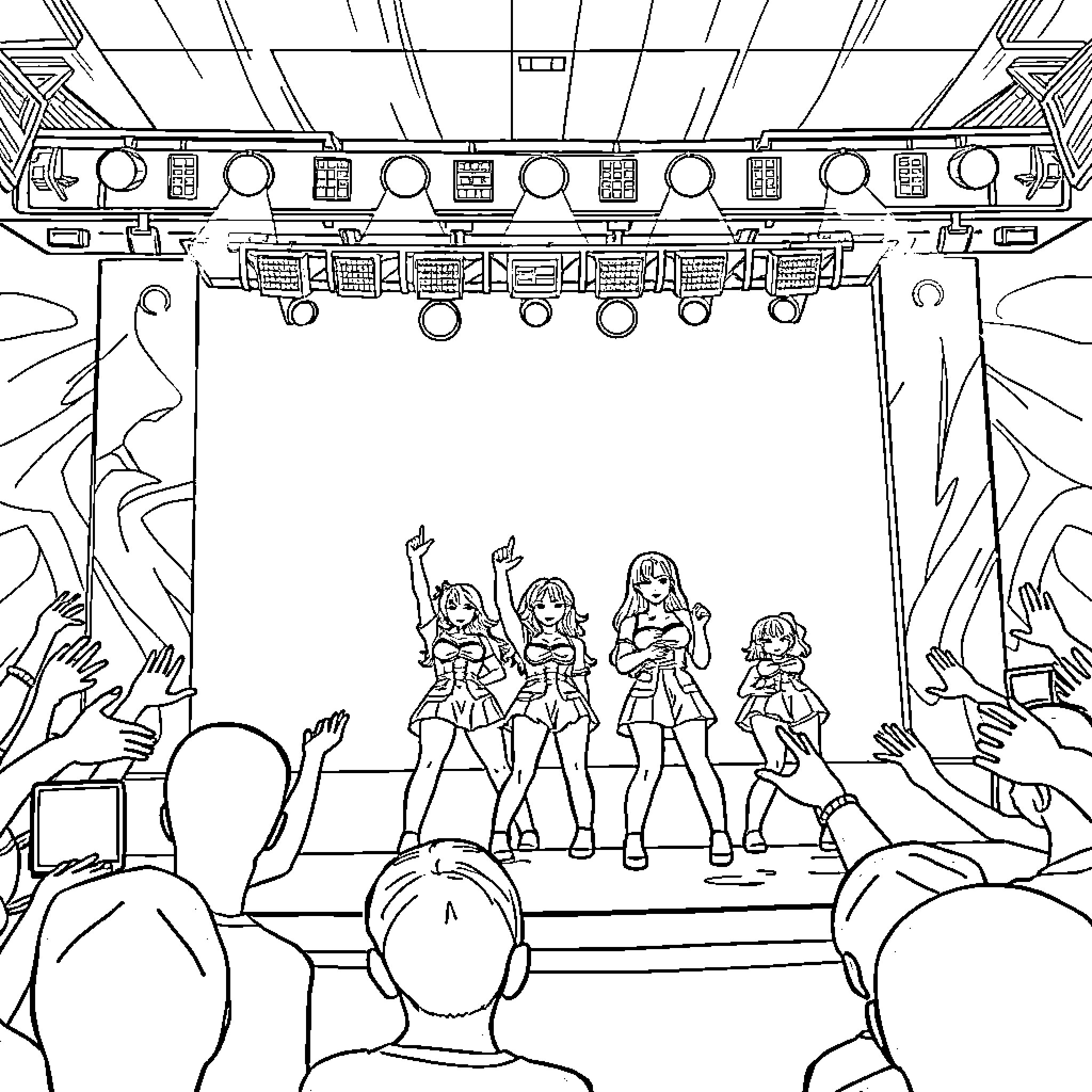 Kpop Girl Group Performing on Stage Coloring Page (free black-and-white line drawing printable PDF for all, from beginners to advanced learners, including children, teens, adults, and seniors)