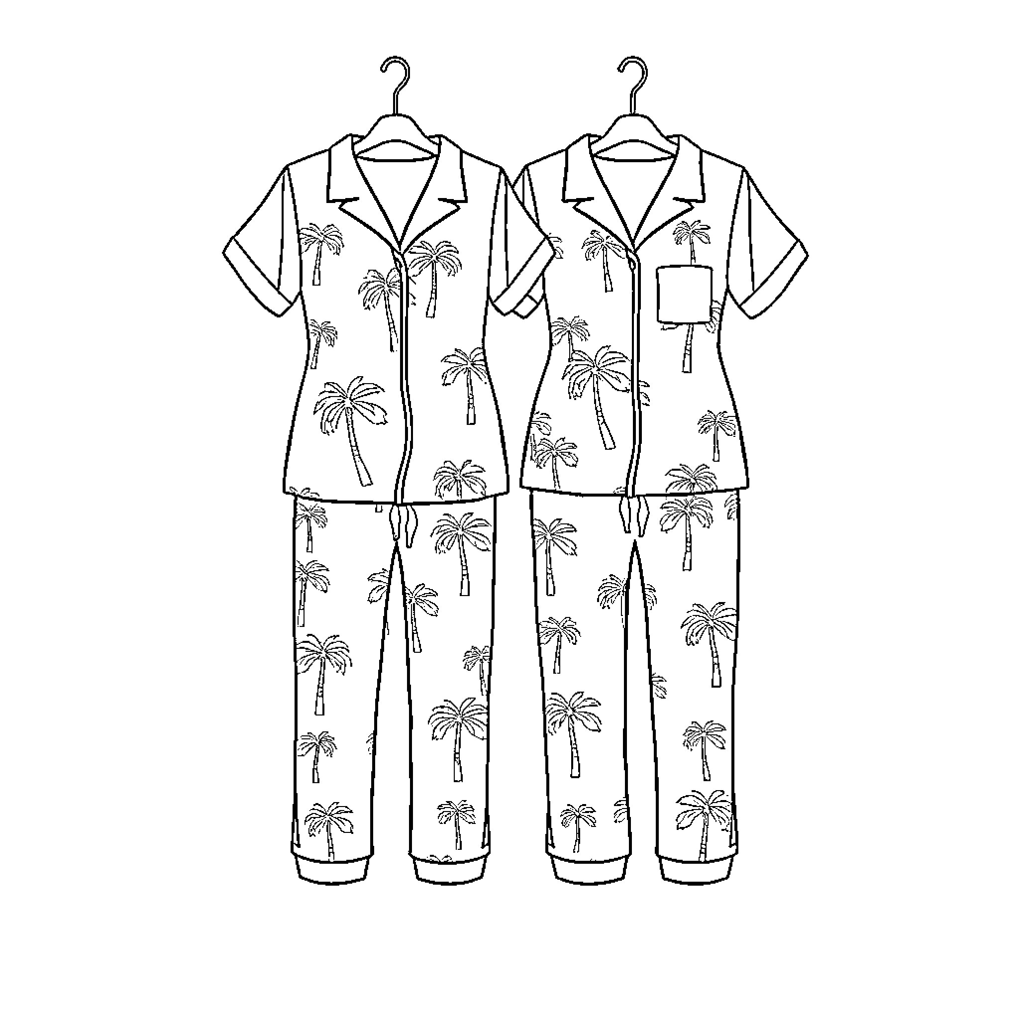 Palm Tree Patterned Pajama Set on Hangers Coloring Page (free black-and-white line drawing printable PDF for all, from beginners to advanced learners, including children, teens, adults, and seniors)