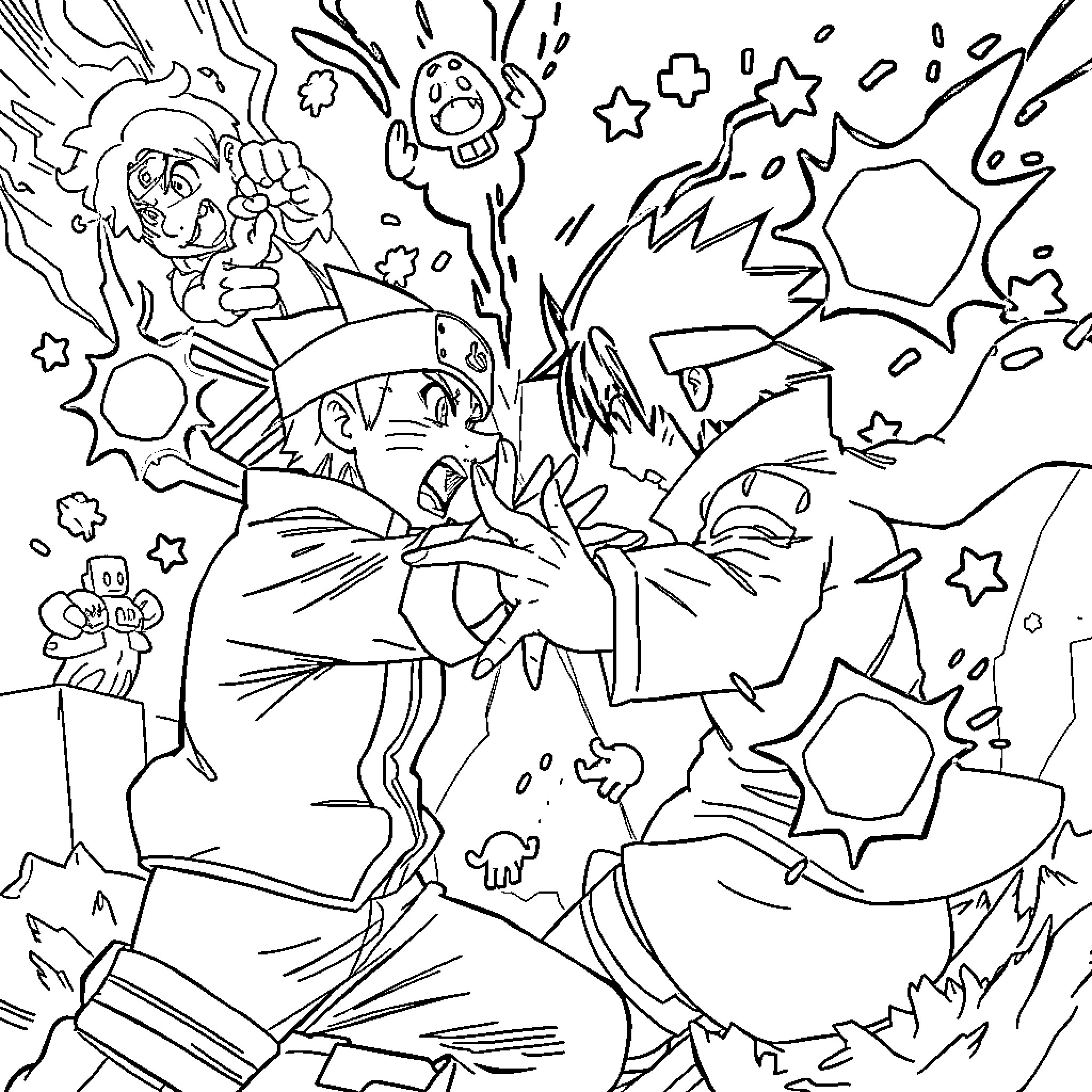 Naruto and Friends in Animated Adventure Coloring Page (free black-and-white line drawing printable PDF for all, from beginners to advanced learners, including children, teens, adults, and seniors)