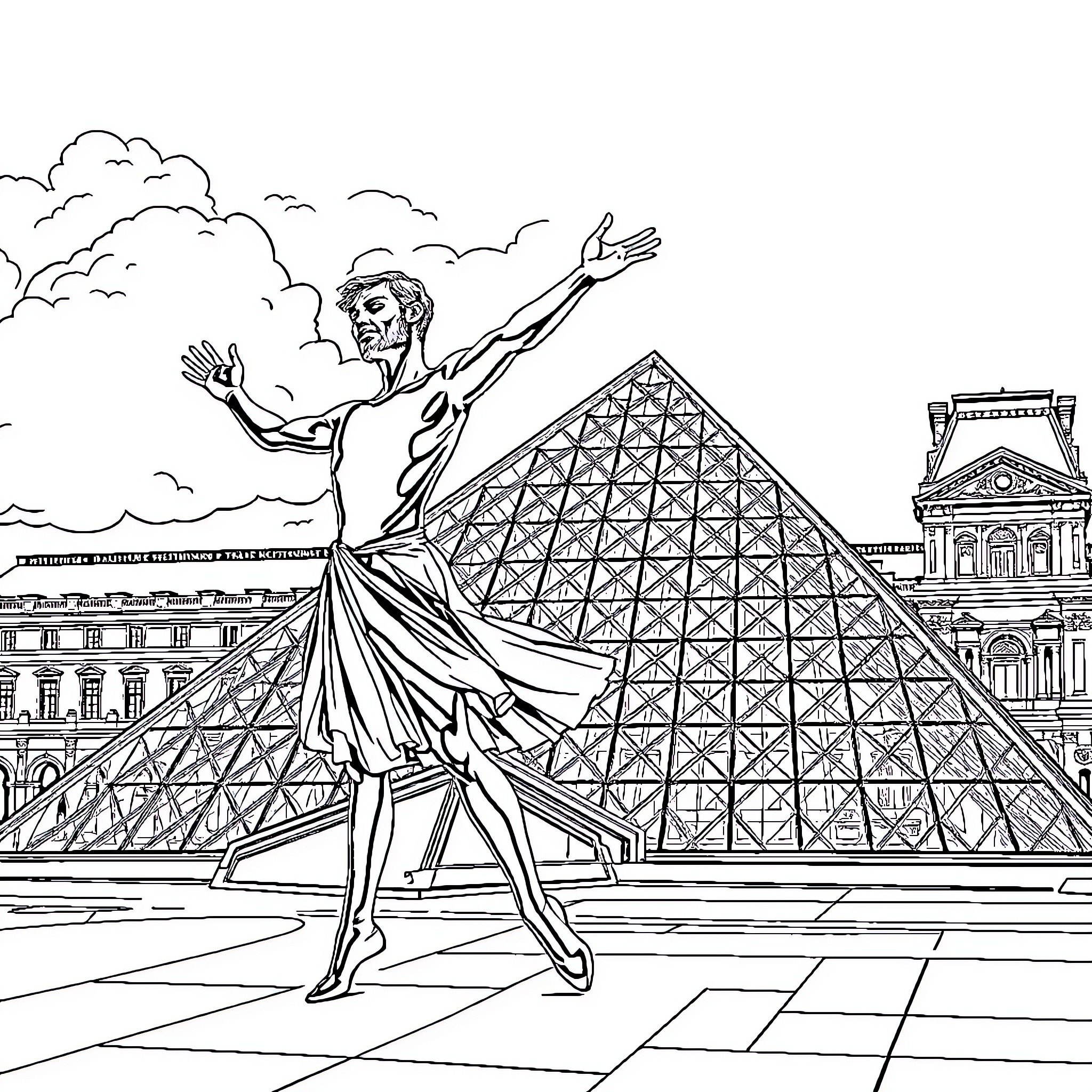 Danseur performing graceful ballet before pyramidal structure Coloring Page (free black-and-white line drawing printable PDF for all, from beginners to advanced learners, including children, teens, adults, and seniors)