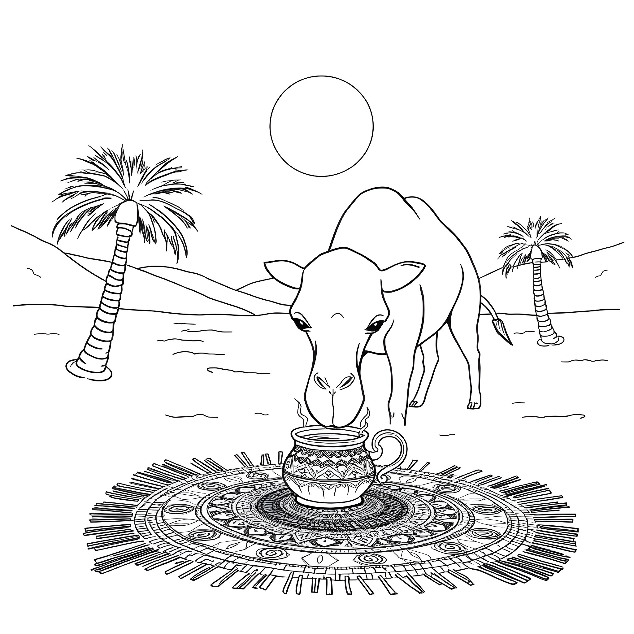 Camel drinking water from an ornate vessel in the desert Coloring Page (free black-and-white line drawing printable PDF for all, from beginners to advanced learners, including children, teens, adults, and seniors)