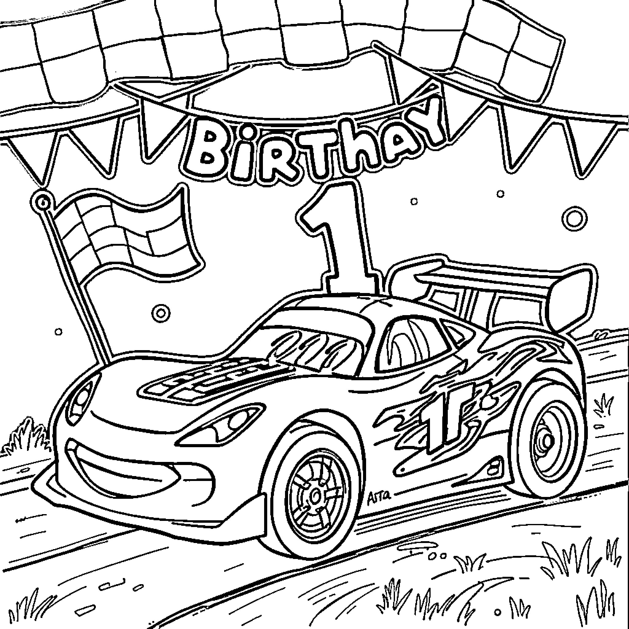 Race Car celebrating 1st birthday Coloring Page (free black-and-white line drawing printable PDF for all, from beginners to advanced learners, including children, teens, adults, and seniors)