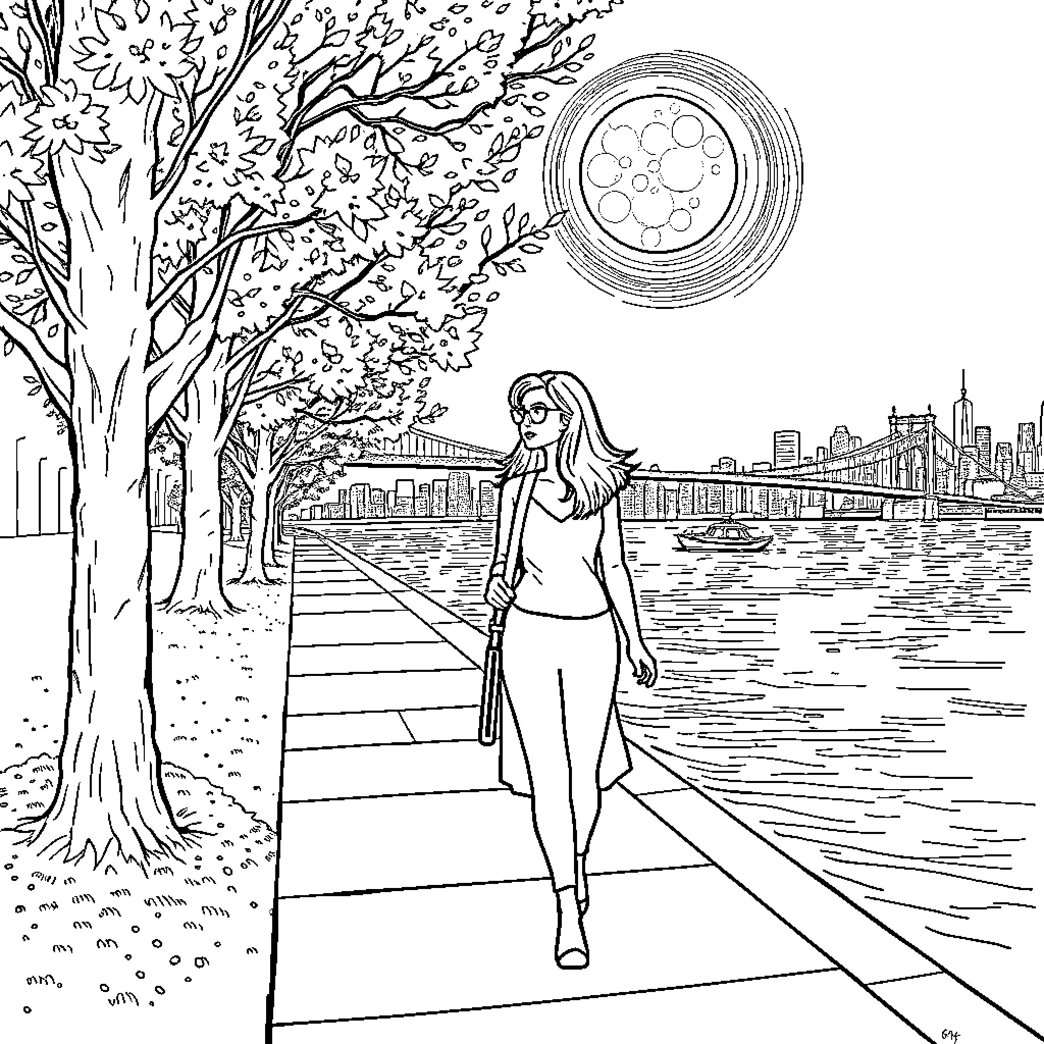 Olivia Benson enjoying a peaceful walk along the river Coloring Page (free black-and-white line drawing printable PDF for all, from beginners to advanced learners, including children, teens, adults, and seniors)