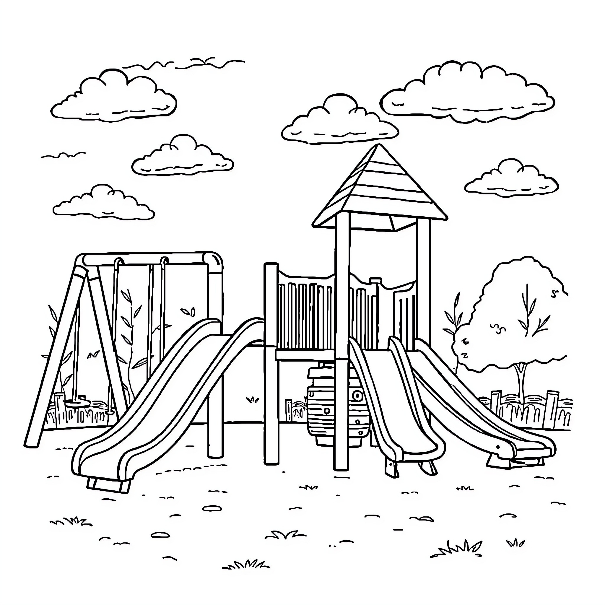 Playground with slides and swings in the park Coloring Page (free black-and-white line drawing printable PDF for all, from beginners to advanced learners, including children, teens, adults, and seniors)
