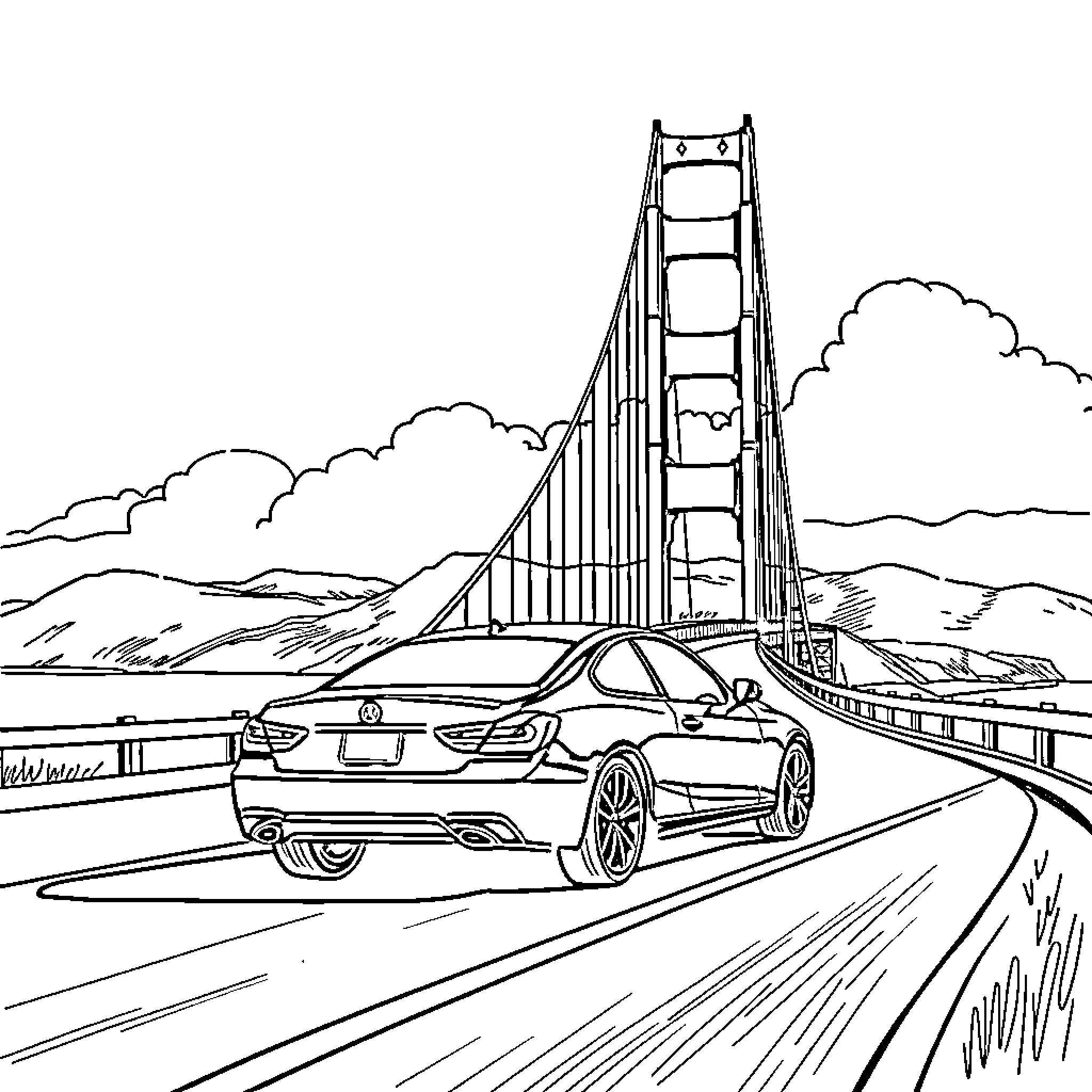 Car crossing the suspension bridge over mountains Coloring Page (free black-and-white line drawing printable PDF for all, from beginners to advanced learners, including children, teens, adults, and seniors)