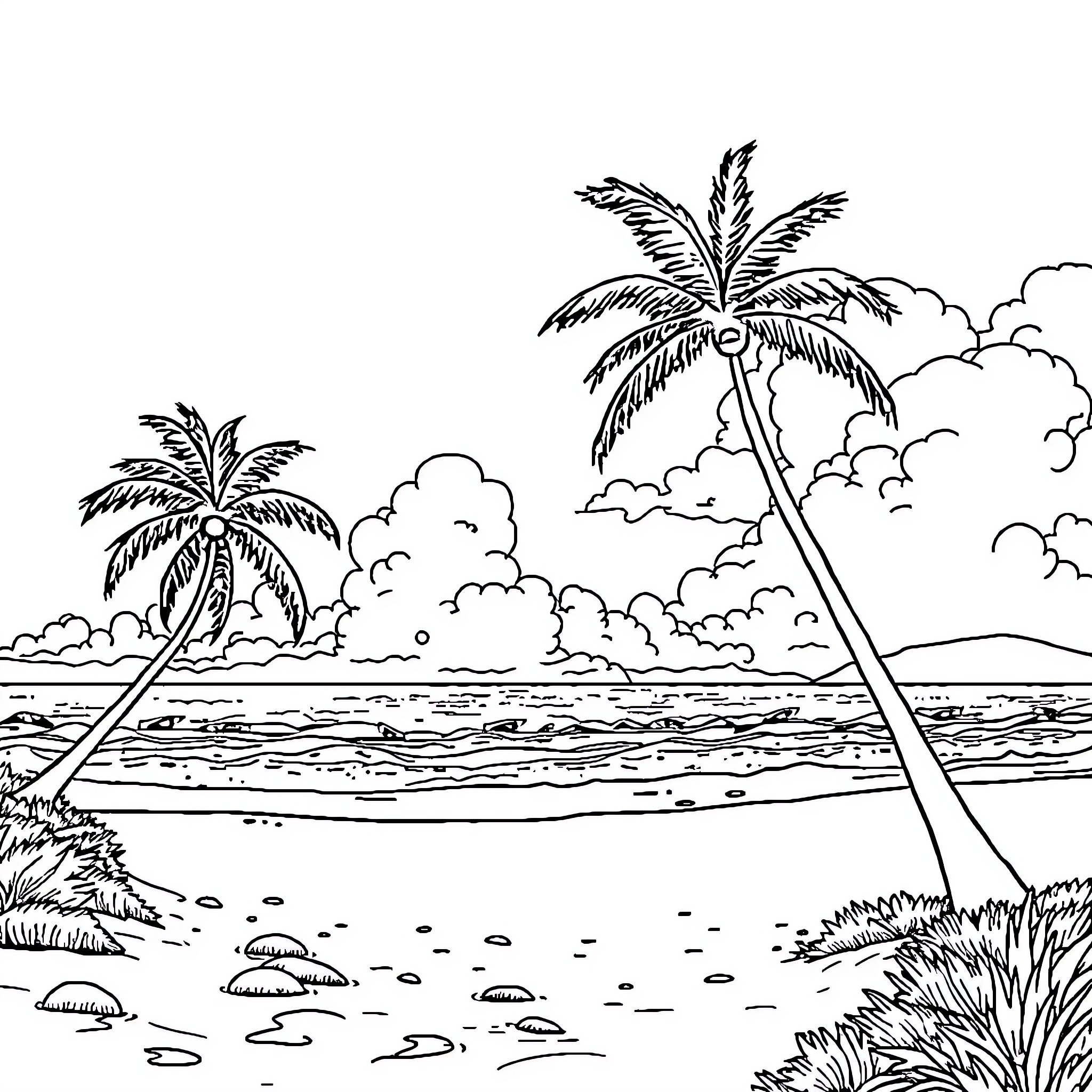 Palm Tree Landscape with Cloudy Sky Coloring Page (free black-and-white line drawing printable PDF for all, from beginners to advanced learners, including children, teens, adults, and seniors)