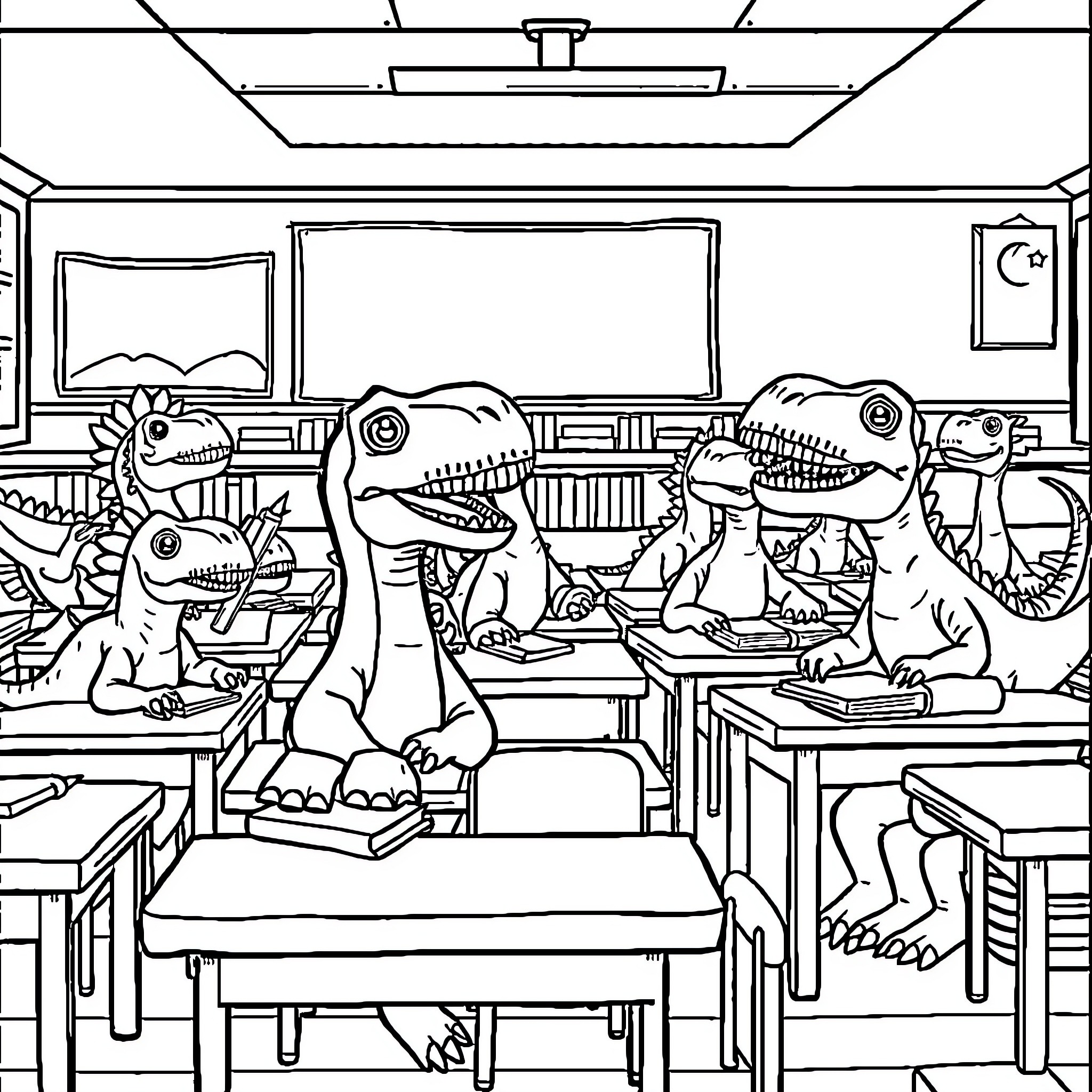 Dinosaurs learning in a classroom Coloring Page (free black-and-white line drawing printable PDF for all, from beginners to advanced learners, including children, teens, adults, and seniors)