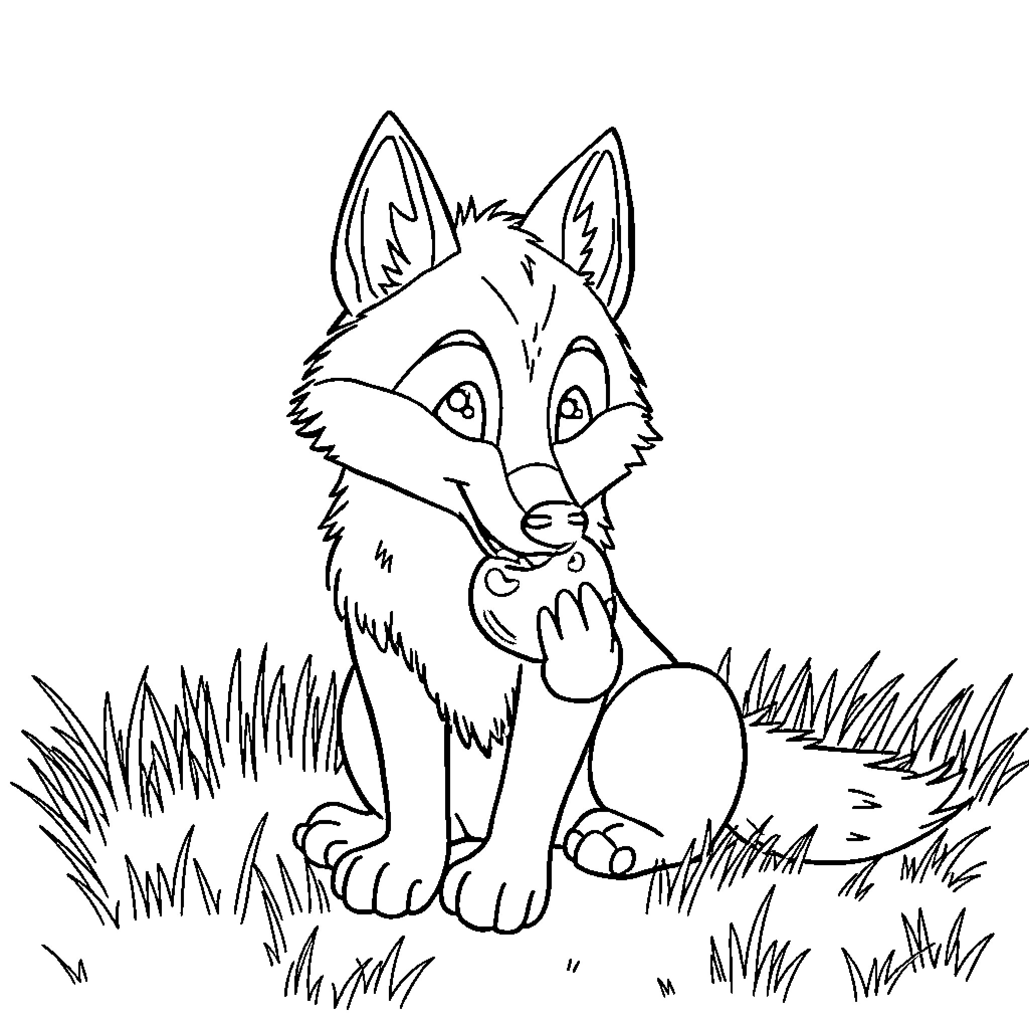 Wolf licking its paw in the grass Coloring Page (free black-and-white line drawing printable PDF for all, from beginners to advanced learners, including children, teens, adults, and seniors)