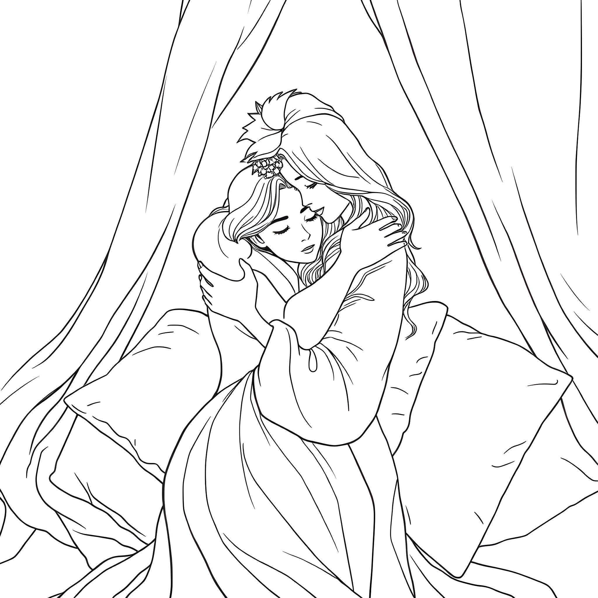 Person embracing intimately in bedroom scene Coloring Page (free black-and-white line drawing printable PDF for all, from beginners to advanced learners, including children, teens, adults, and seniors)