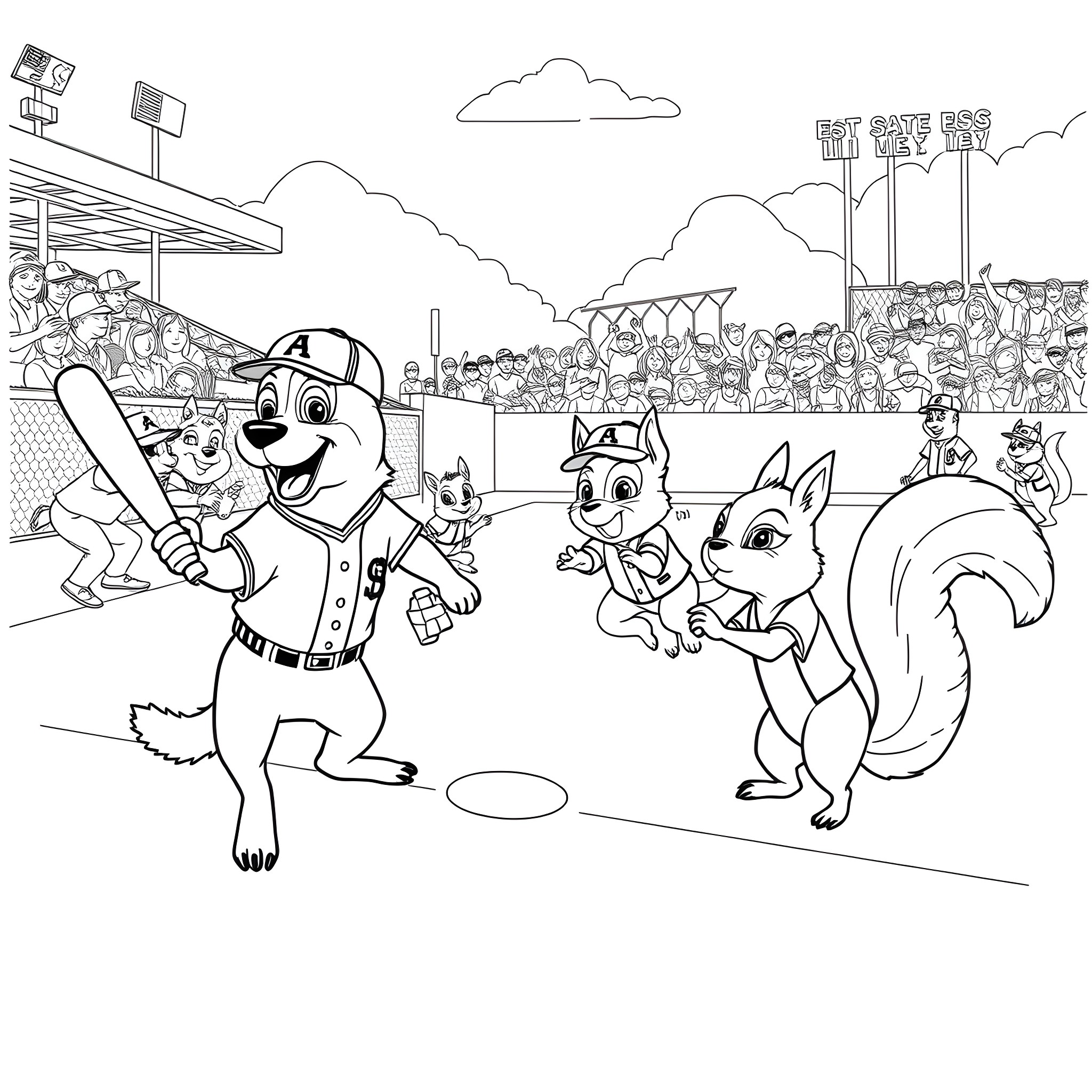 Baseball Animal Game with Crowd Cheering Coloring Page (free black-and-white line drawing printable PDF for all, from beginners to advanced learners, including children, teens, adults, and seniors)
