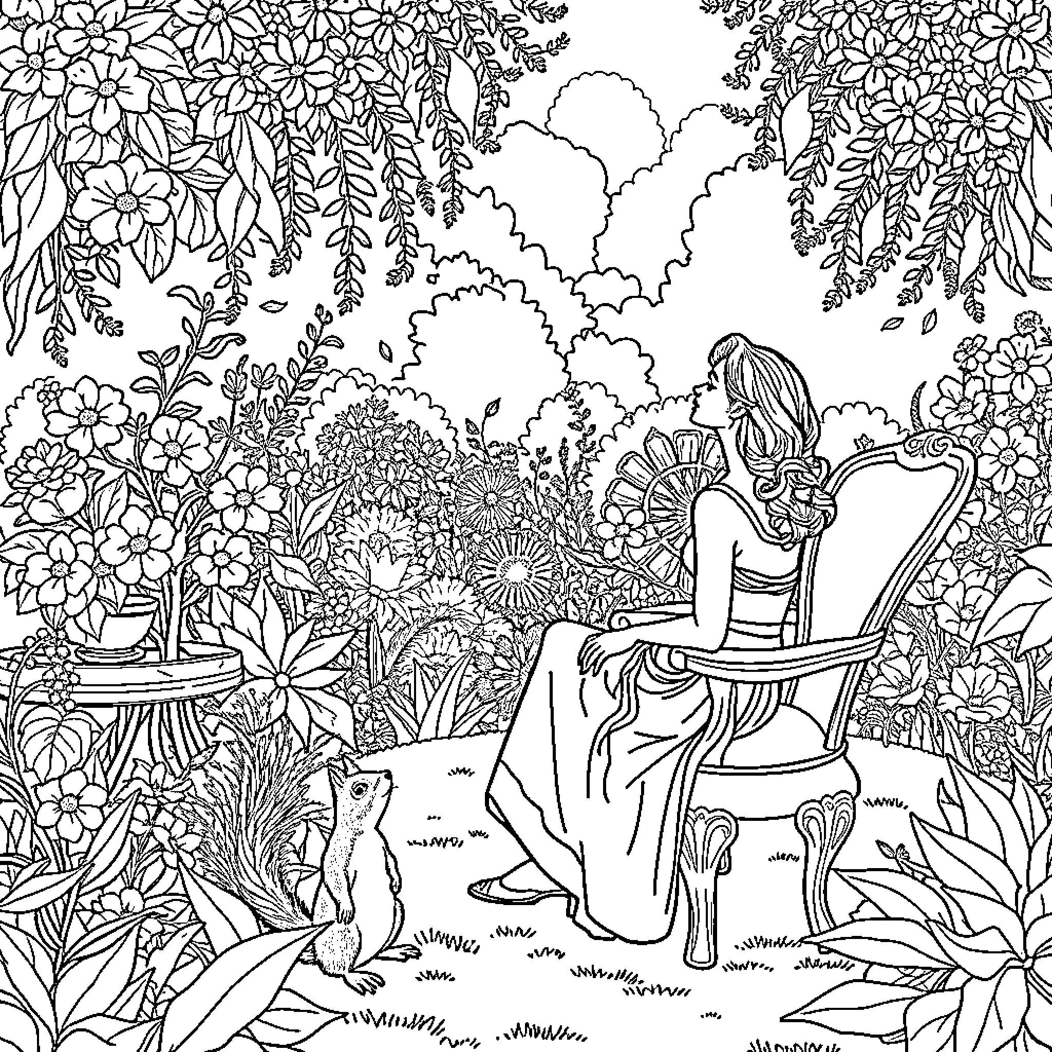 Woman relaxing in lush floral garden Coloring Page (free black-and-white line drawing printable PDF for all, from beginners to advanced learners, including children, teens, adults, and seniors)