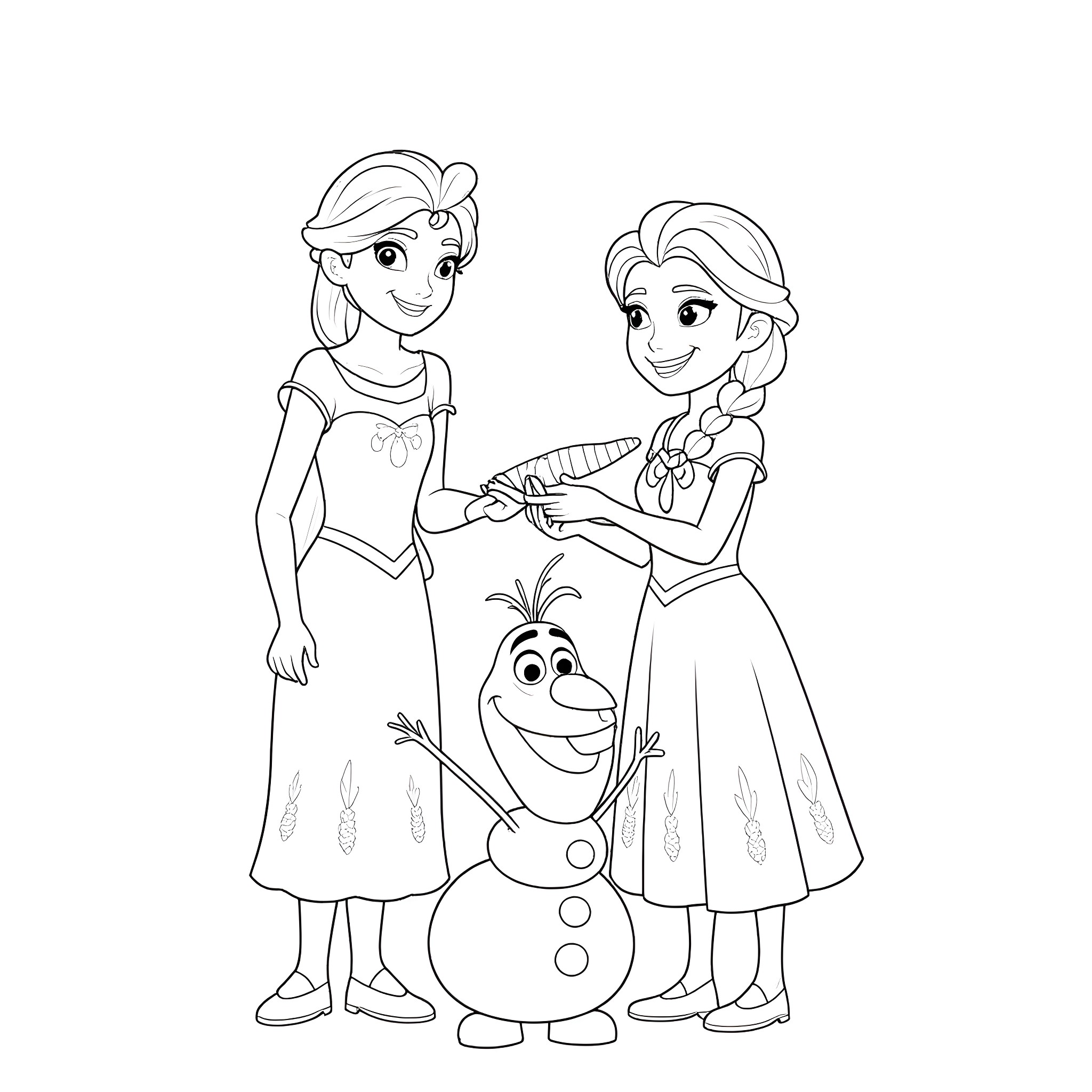 Olaf and the sisters in winter outfits Coloring Page (free black-and-white line drawing printable PDF for all, from beginners to advanced learners, including children, teens, adults, and seniors)