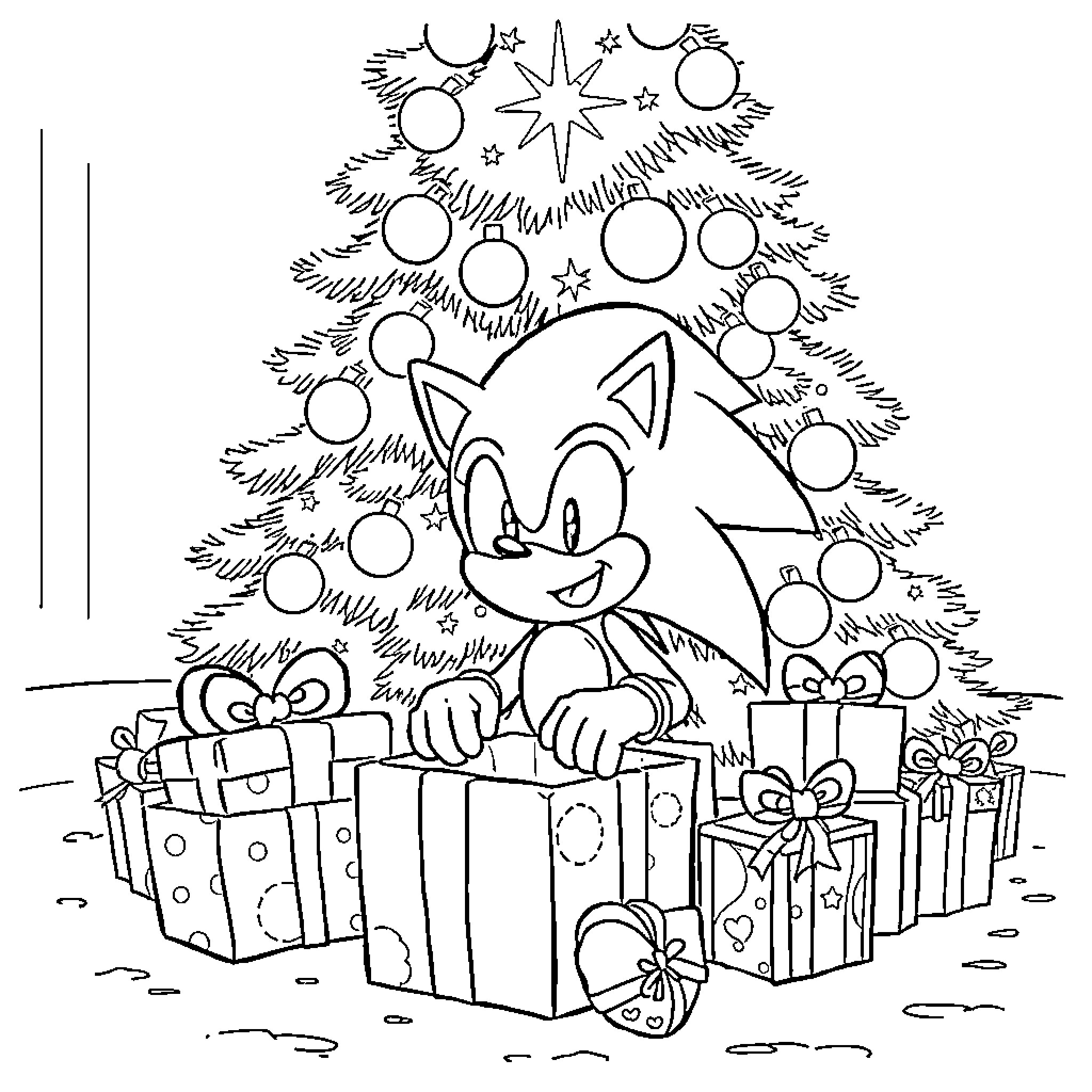 Sonic's Festive Adventure with Gifts Coloring Page (free black-and-white line drawing printable PDF for all, from beginners to advanced learners, including children, teens, adults, and seniors)