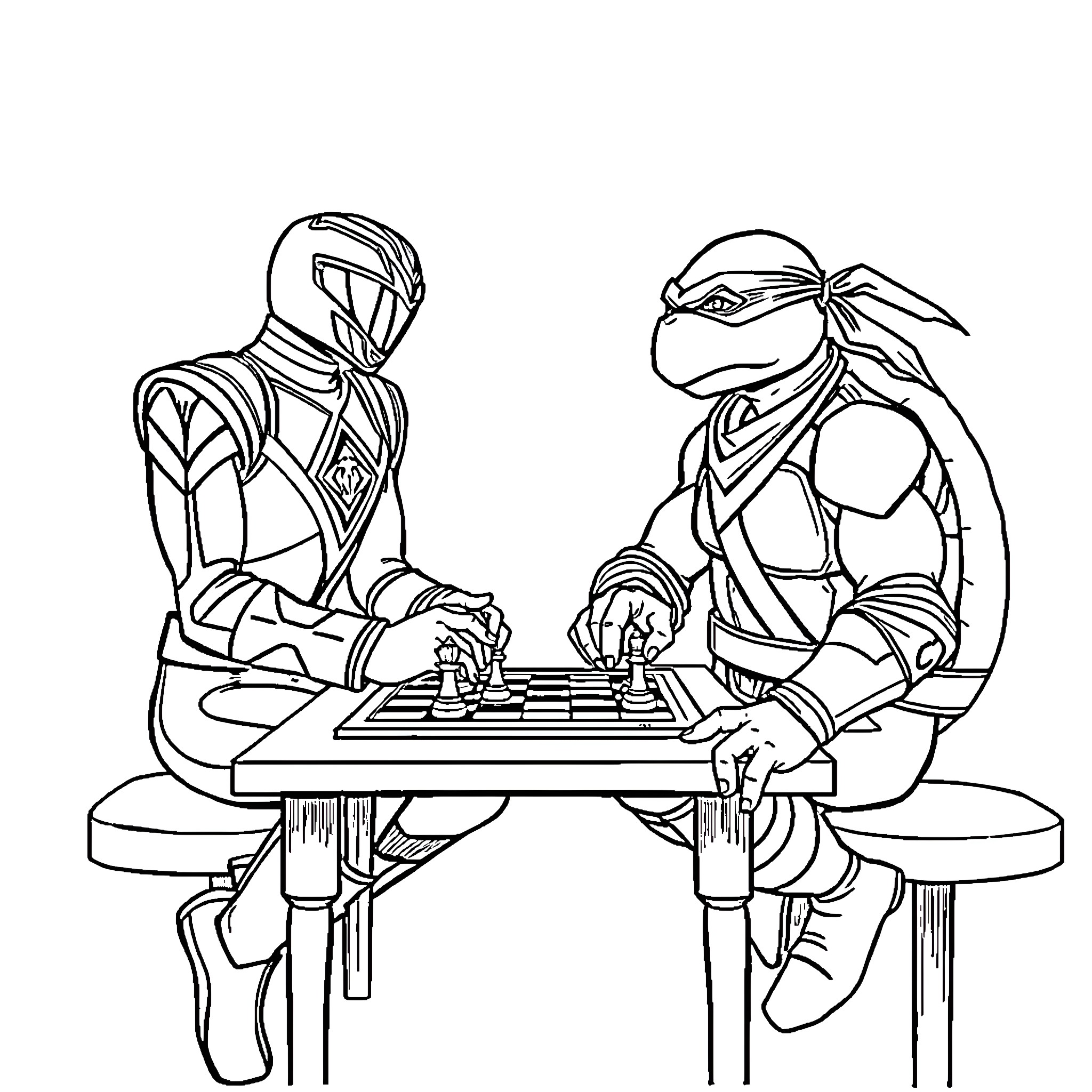 Power Rangers Playing Chess on Battlefield Coloring Page (free black-and-white line drawing printable PDF for all, from beginners to advanced learners, including children, teens, adults, and seniors)