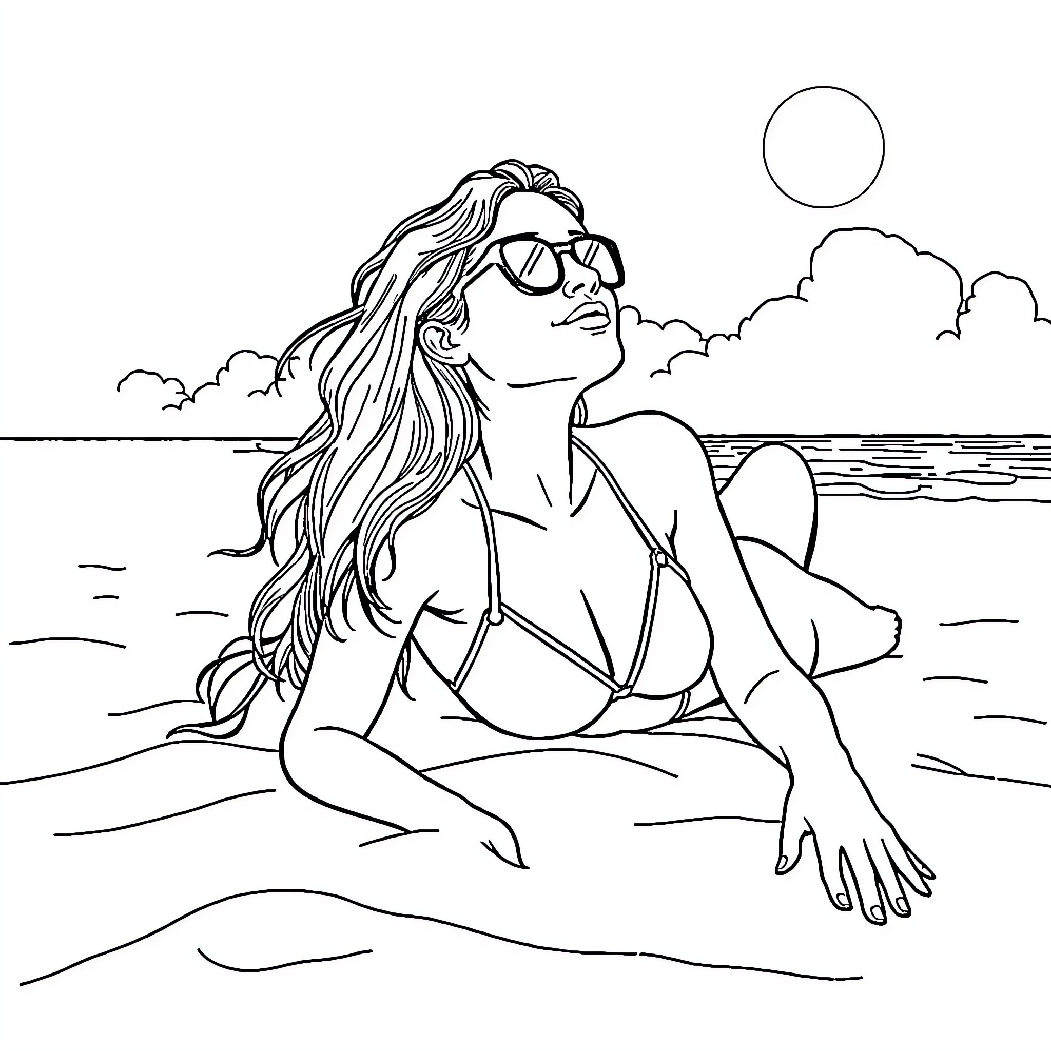 Girl relaxing on the beach Coloring Page (free black-and-white line drawing printable PDF for all, from beginners to advanced learners, including children, teens, adults, and seniors)