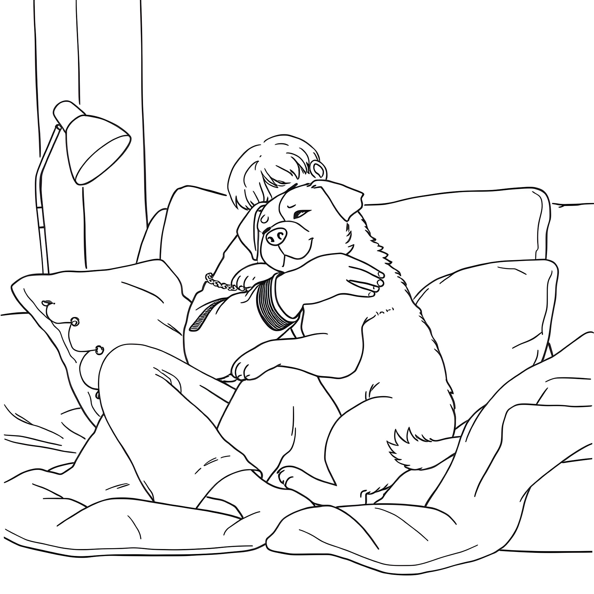 Kim Namjoon resting peacefully with a beloved companion Coloring Page (free black-and-white line drawing printable PDF for all, from beginners to advanced learners, including children, teens, adults, and seniors)