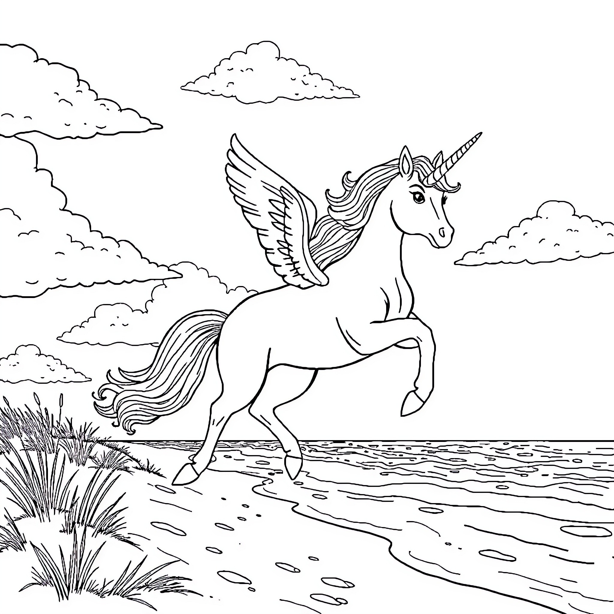 Unicorn majestic flight over serene landscape Coloring Page (free black-and-white line drawing printable PDF for all, from beginners to advanced learners, including children, teens, adults, and seniors)
