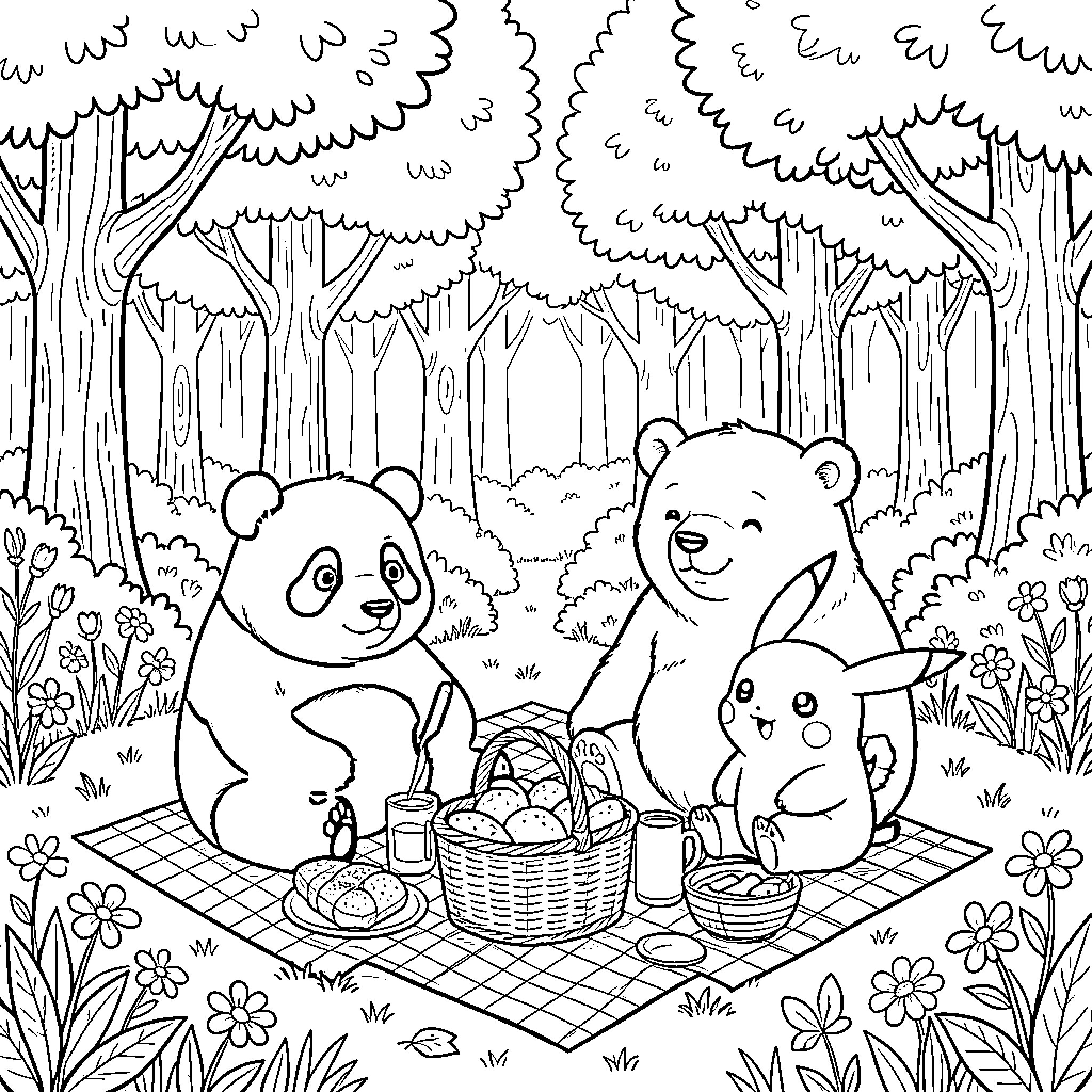 Panda and friends having a picnic in the woods Coloring Page (free black-and-white line drawing printable PDF for all, from beginners to advanced learners, including children, teens, adults, and seniors)