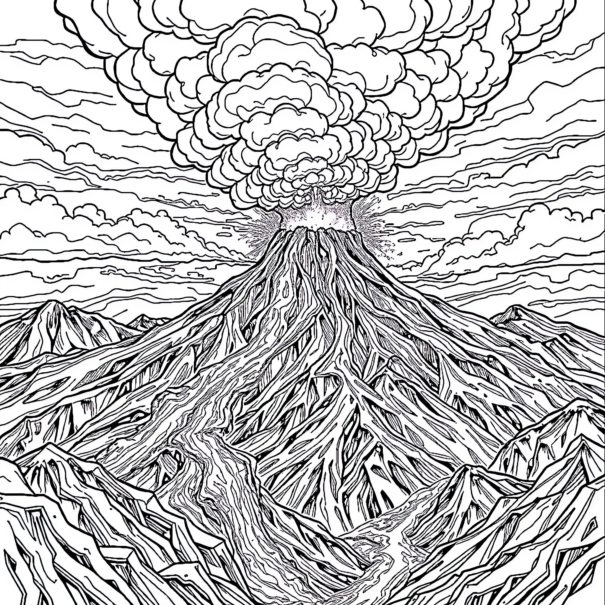 Volcano erupting with dramatic clouds Coloring Page (free black-and-white line drawing printable PDF for all, from beginners to advanced learners, including children, teens, adults, and seniors)