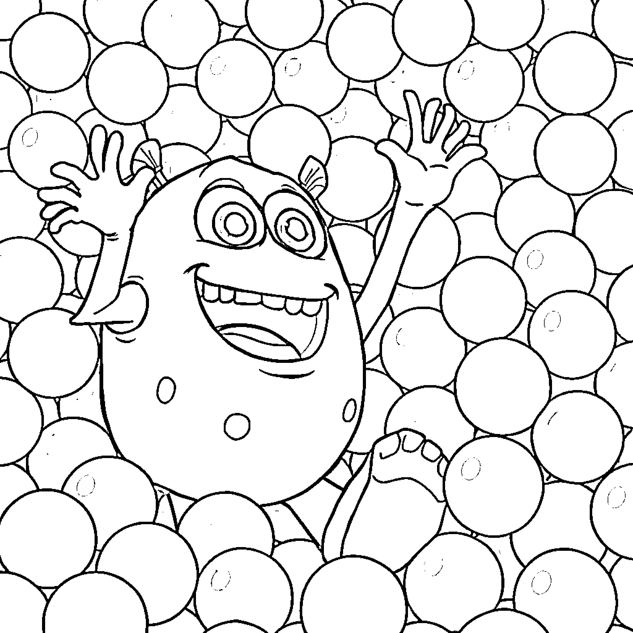 Mike Wazowski having fun in a bubbly environment Coloring Page (free black-and-white line drawing printable PDF for all, from beginners to advanced learners, including children, teens, adults, and seniors)
