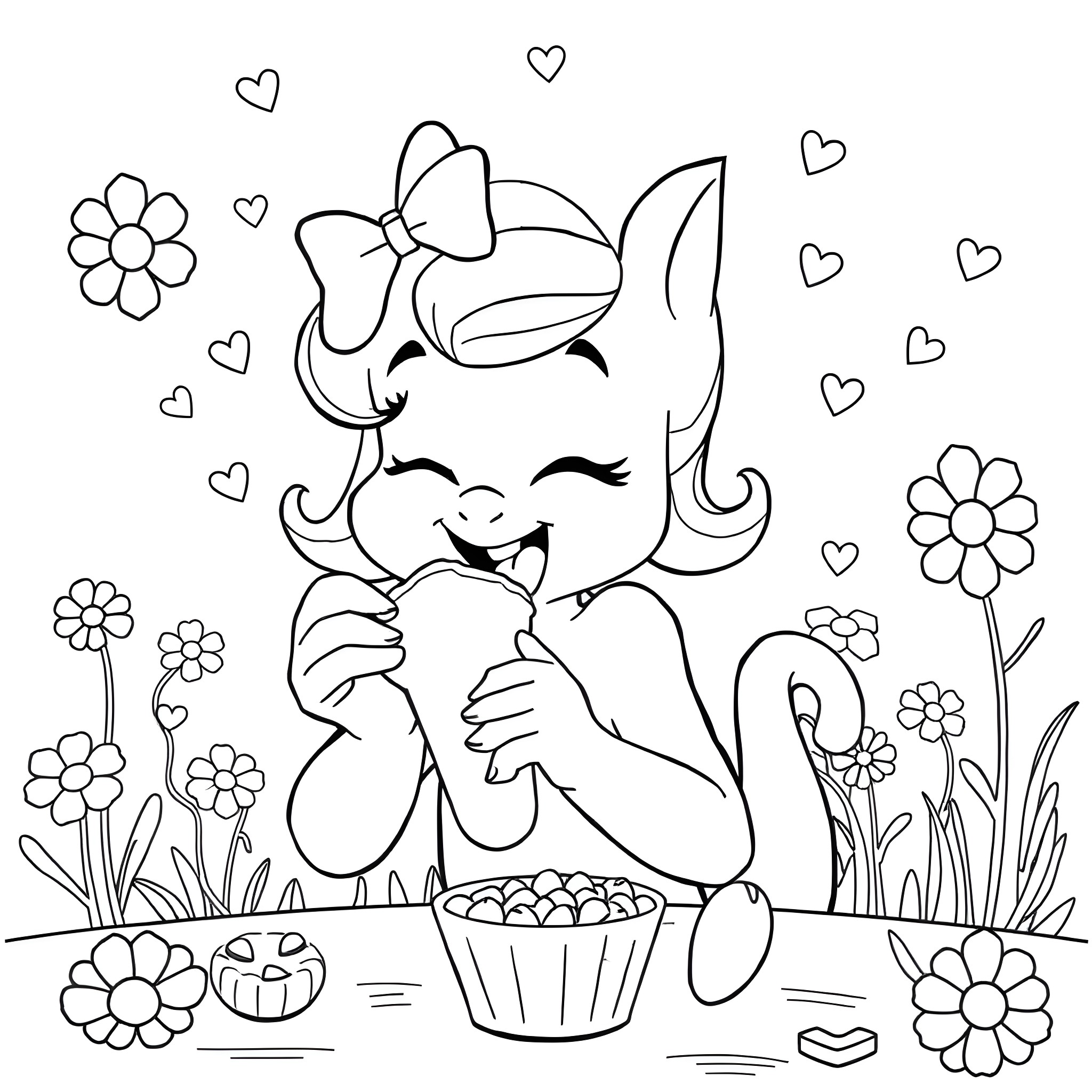 Bonnie enjoying a sweet treat in the garden Coloring Page (free black-and-white line drawing printable PDF for all, from beginners to advanced learners, including children, teens, adults, and seniors)