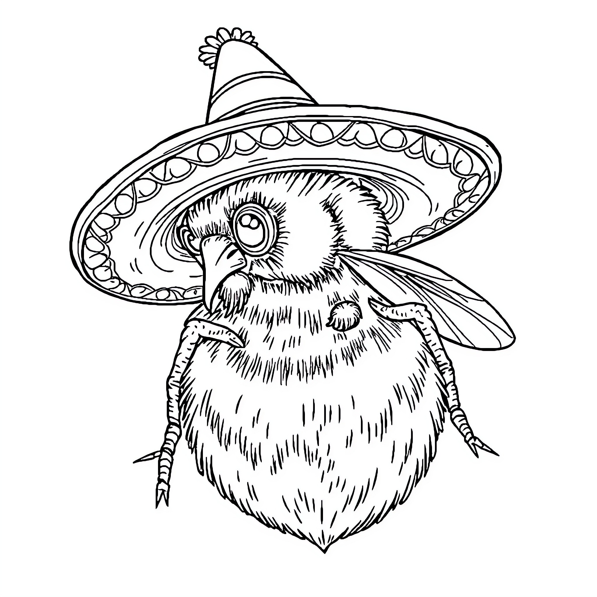 Carrot Chick Wearing Festive Sombrero Hat Coloring Page (free black-and-white line drawing printable PDF for all, from beginners to advanced learners, including children, teens, adults, and seniors)