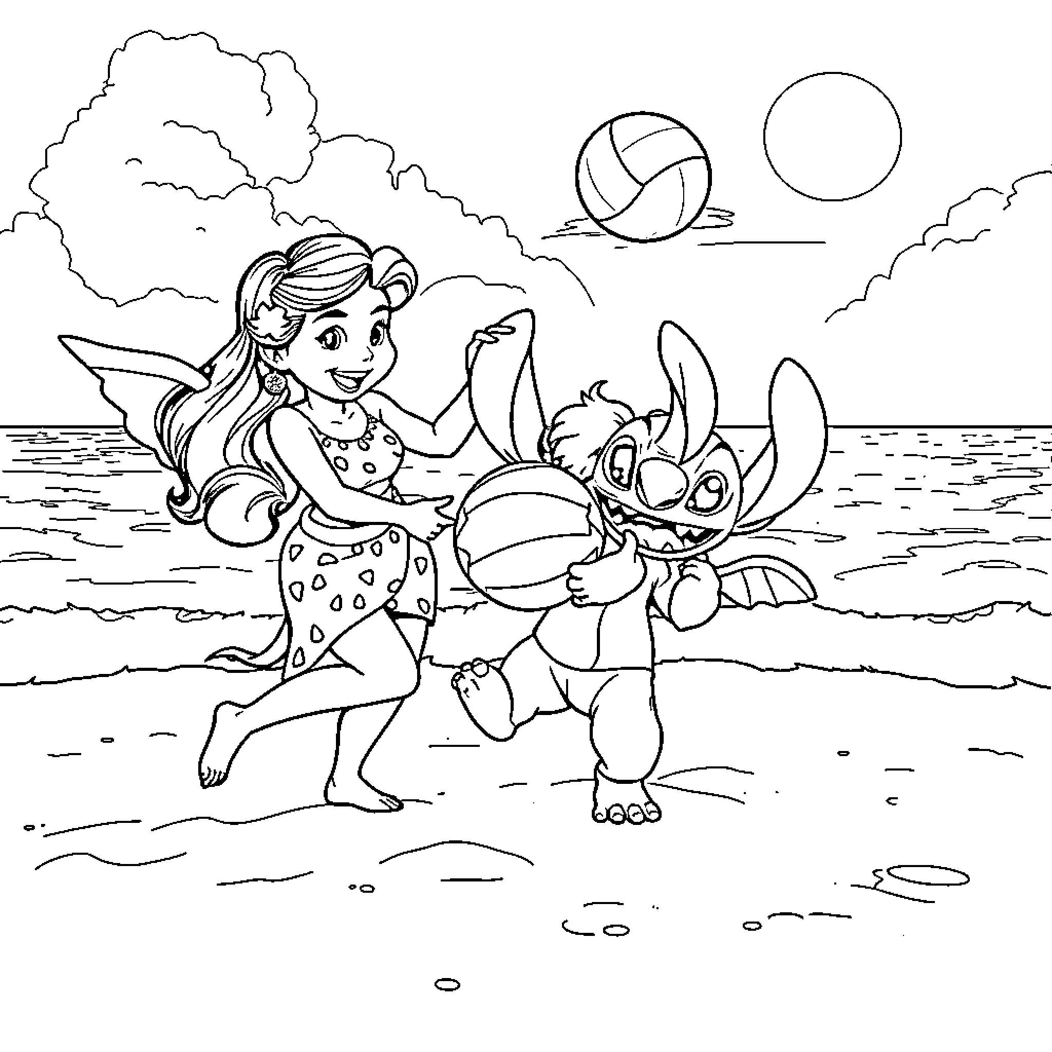 Lilo and Stitch playing on the beach Coloring Page (free black-and-white line drawing printable PDF for all, from beginners to advanced learners, including children, teens, adults, and seniors)
