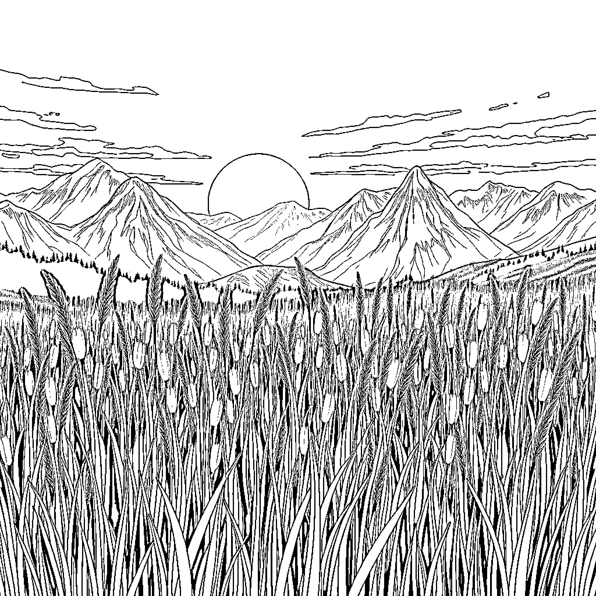 Sunset over the serene mountain landscape Coloring Page (free black-and-white line drawing printable PDF for all, from beginners to advanced learners, including children, teens, adults, and seniors)