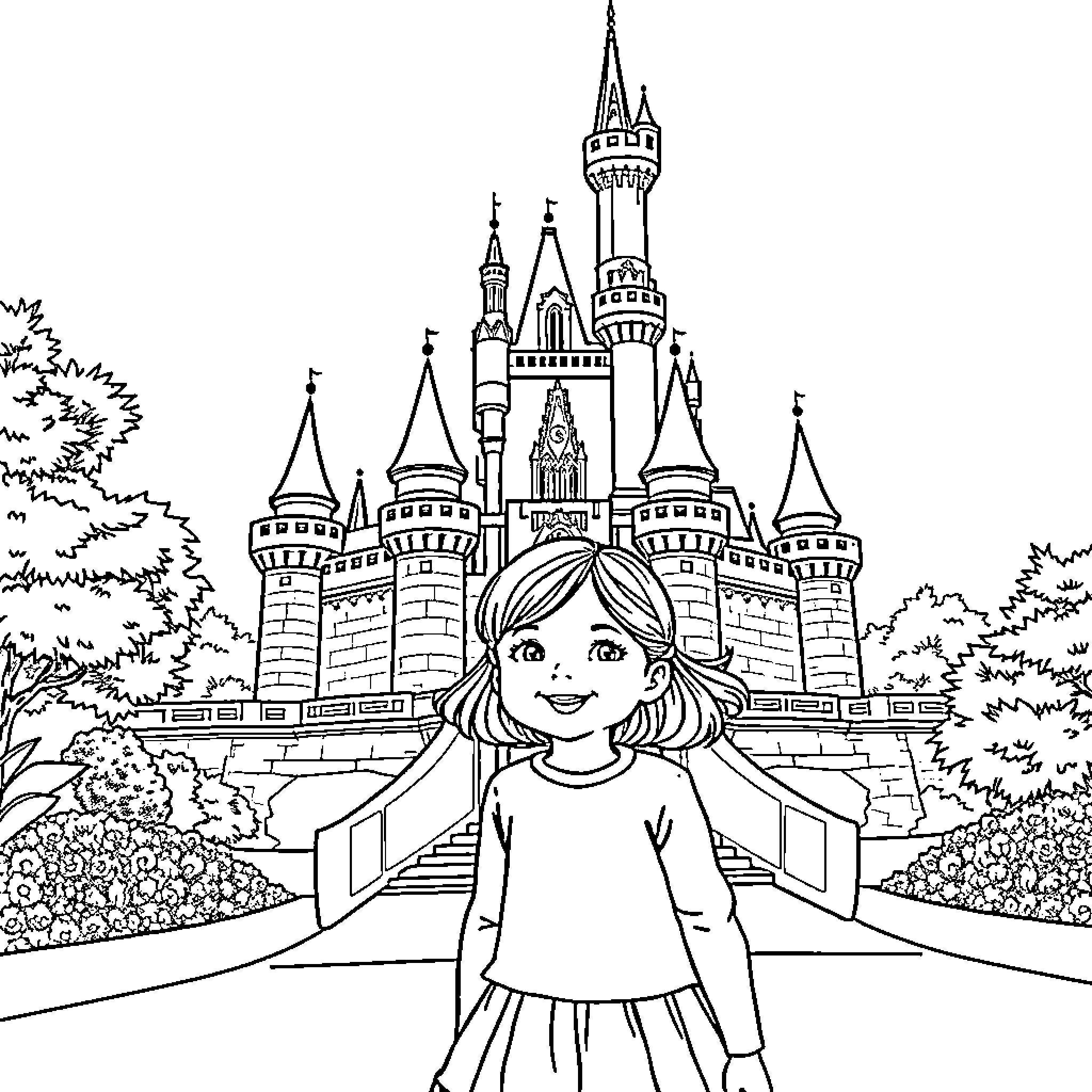 Fille standing in front of a fantasy castle Coloring Page (free black-and-white line drawing printable PDF for all, from beginners to advanced learners, including children, teens, adults, and seniors)