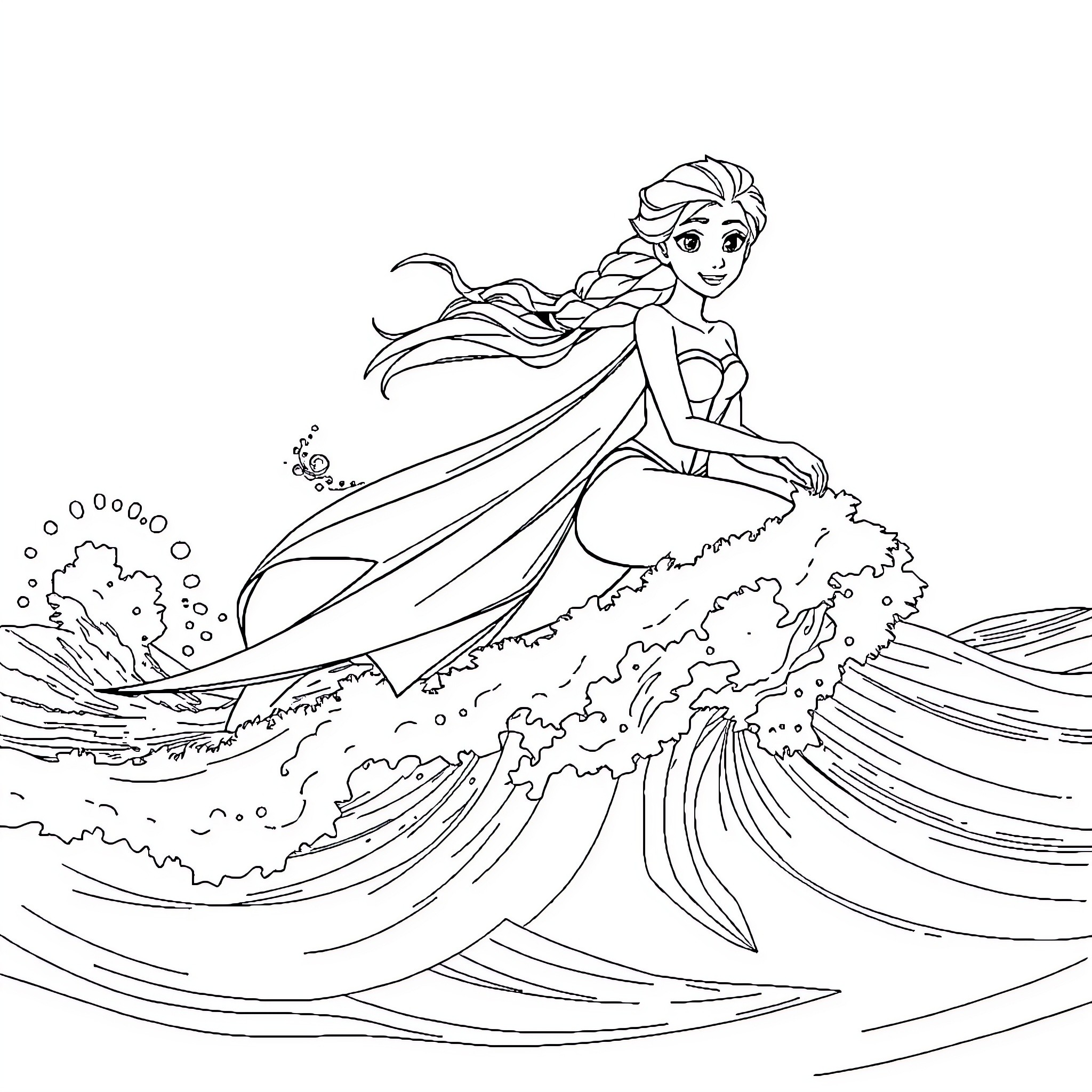 Elsa in a flowing dress dancing amidst stormy waves Coloring Page (free black-and-white line drawing printable PDF for all, from beginners to advanced learners, including children, teens, adults, and seniors)